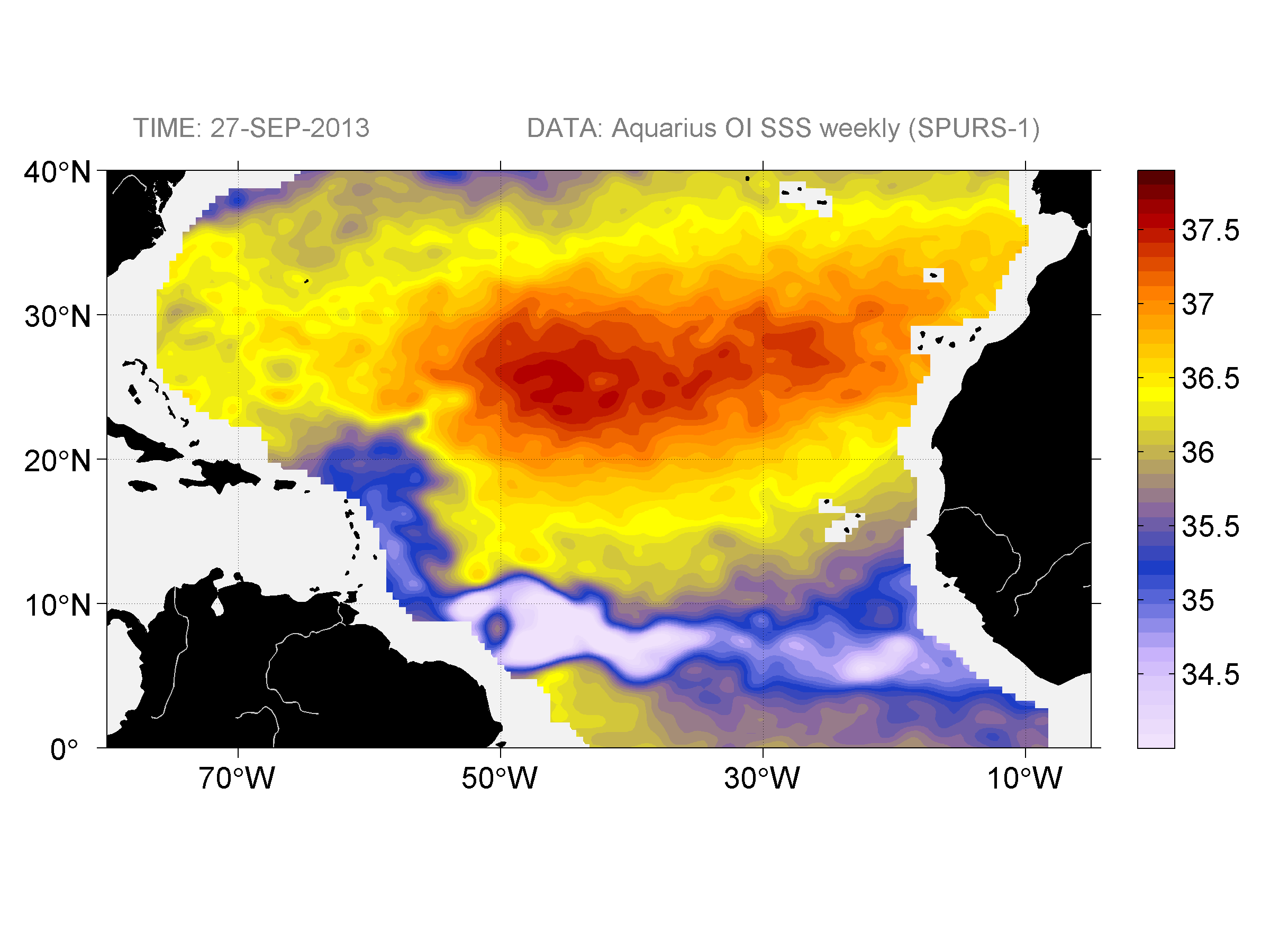 Weekly gridded map of sea surface salinity, week ofSeptember 27, 2013.
