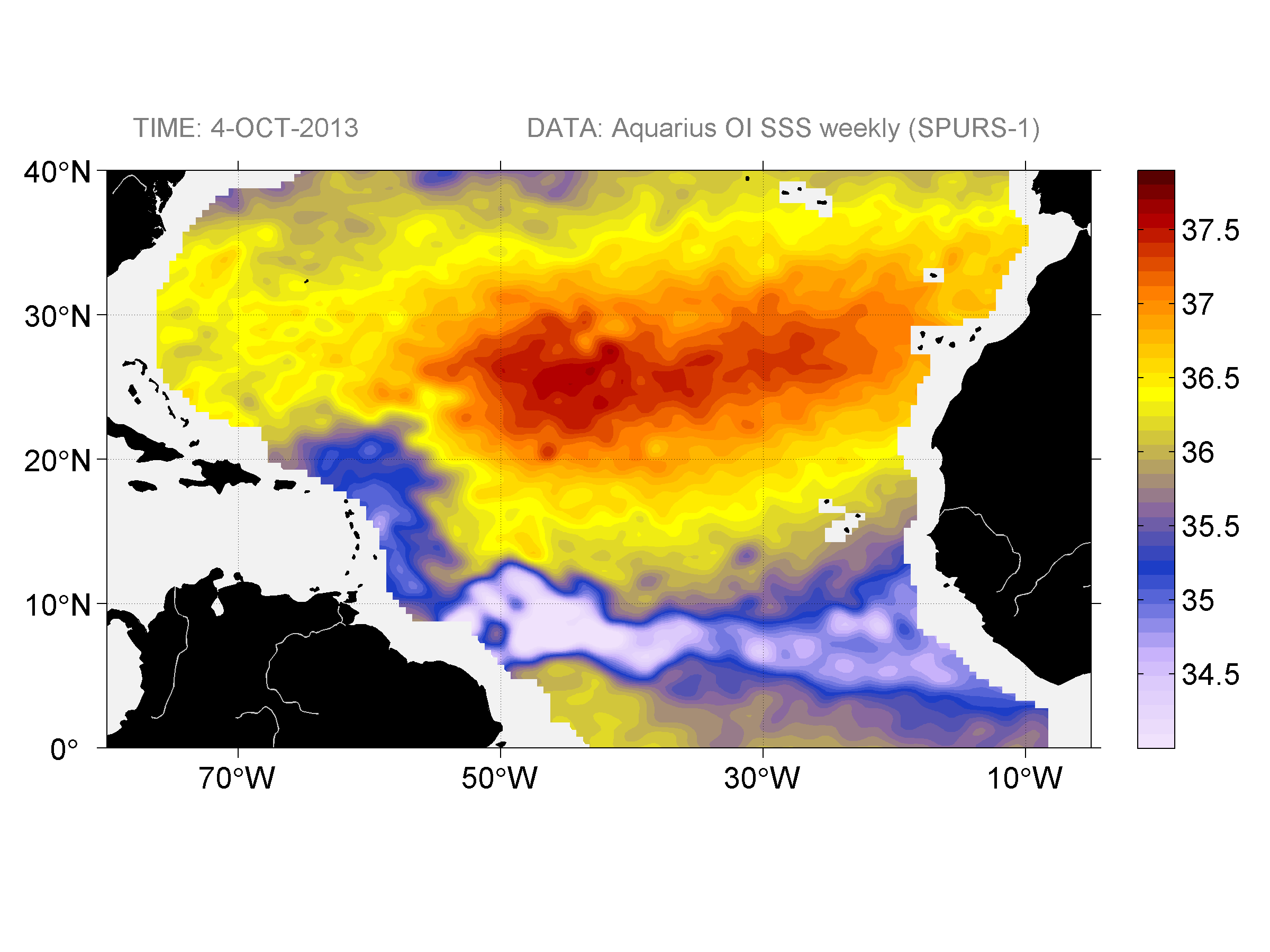 Weekly gridded map of sea surface salinity, week ofOctober 4, 2013.