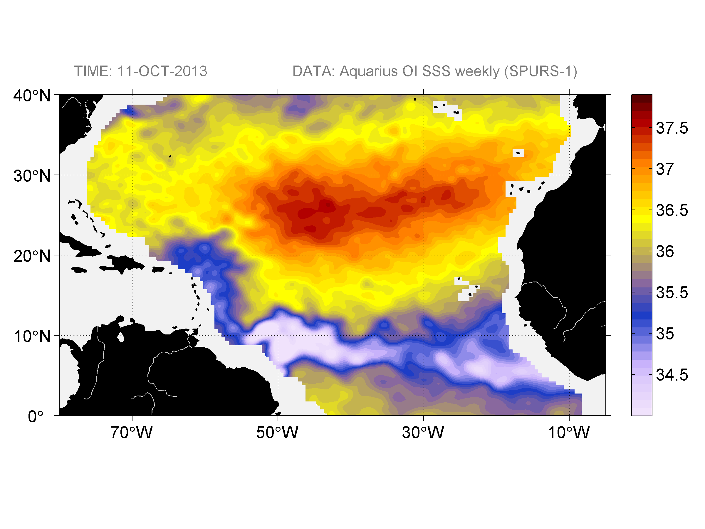 Weekly gridded map of sea surface salinity, week ofOctober 11, 2013.