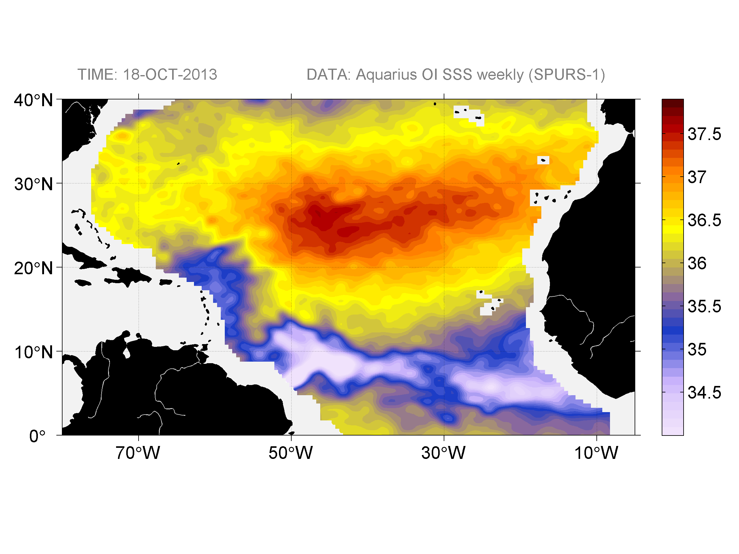 Weekly gridded map of sea surface salinity, week ofOctober 18, 2013.
