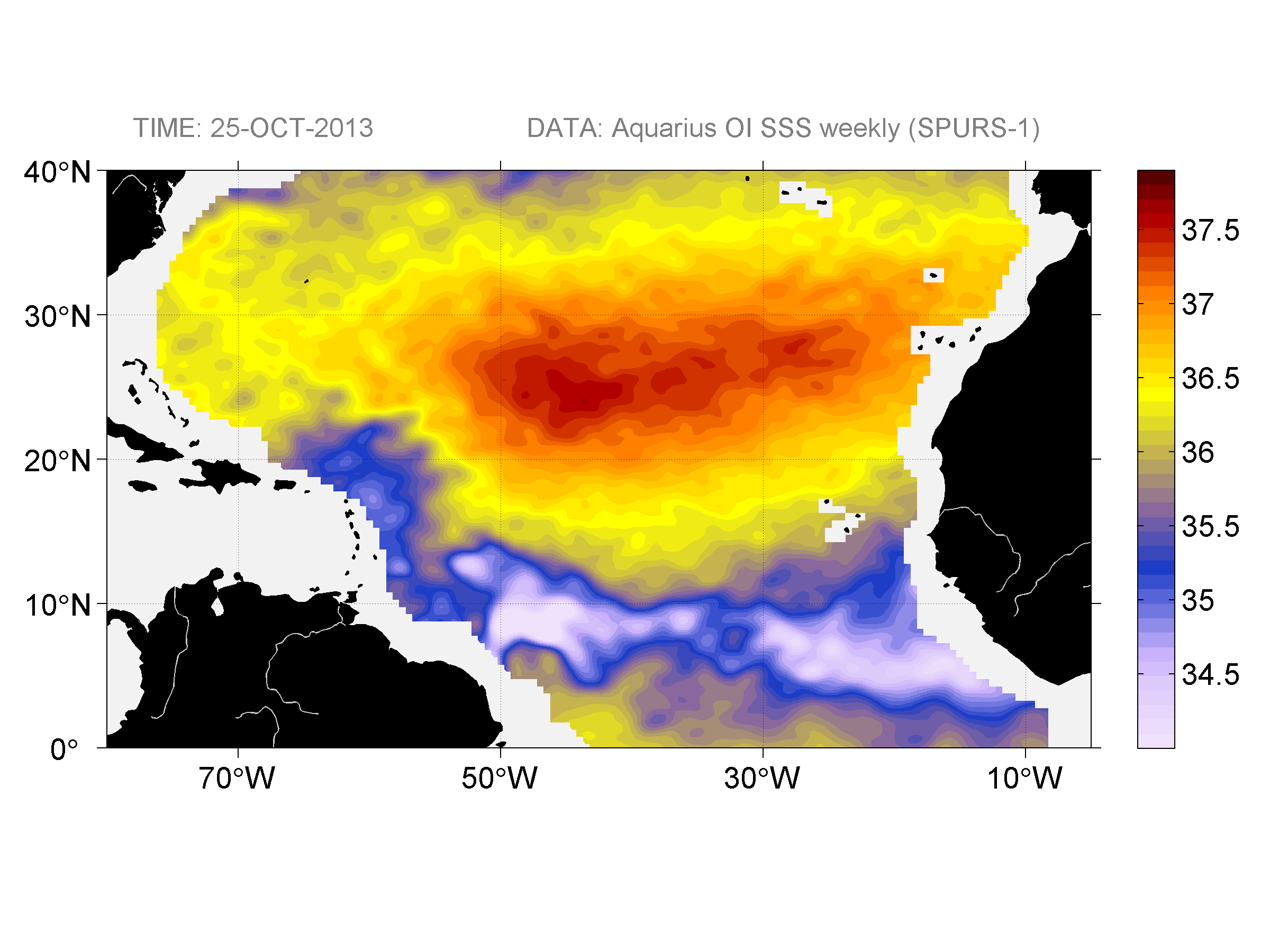 Weekly gridded map of sea surface salinity, week ofOctober 25, 2013.