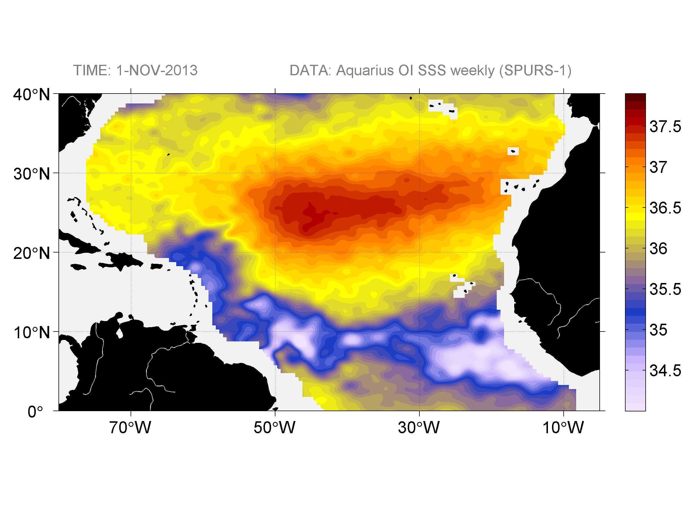 Weekly gridded map of sea surface salinity, week ofNovember 1, 2013.