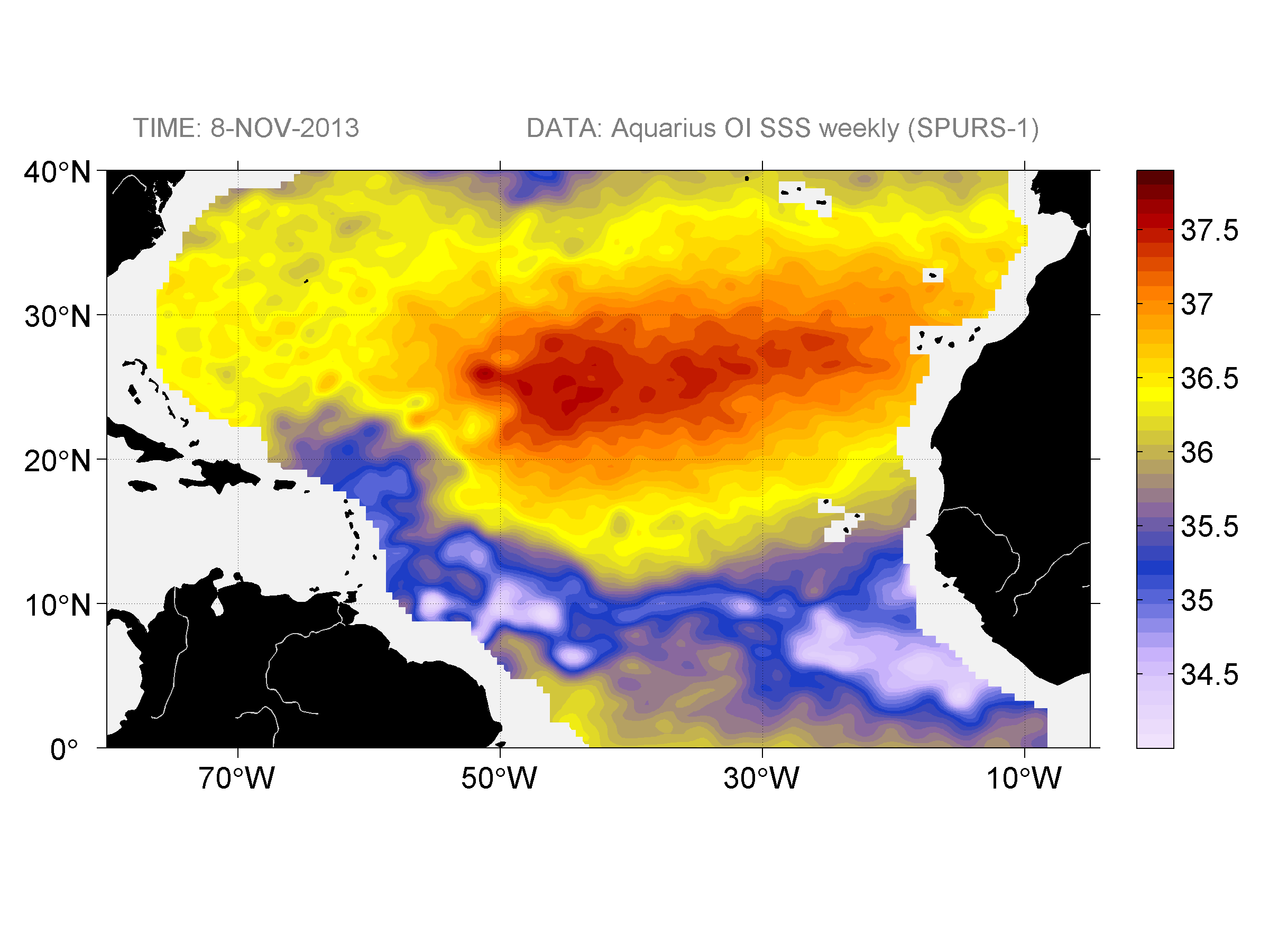 Weekly gridded map of sea surface salinity, week ofNovember 8, 2013.