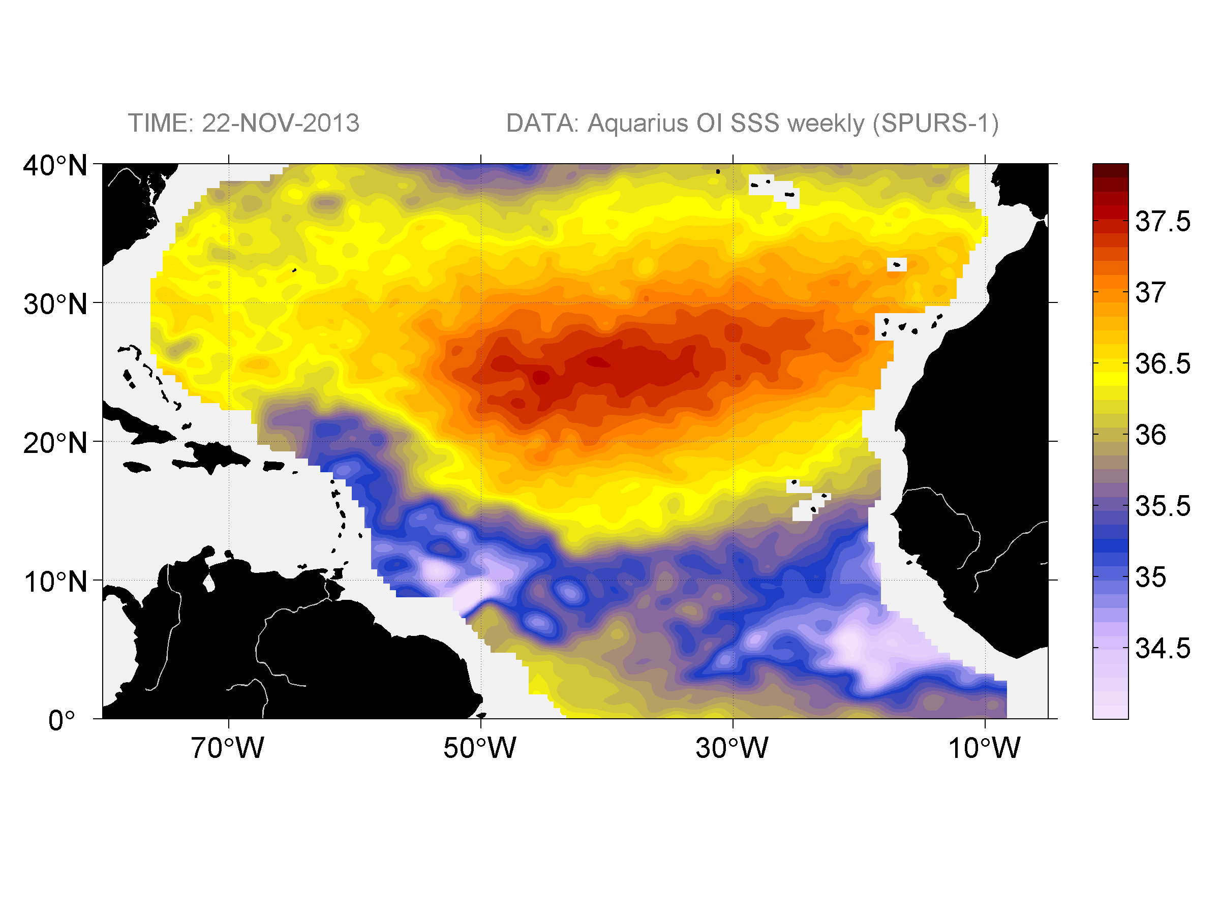 Weekly gridded map of sea surface salinity, week ofNovember 22, 2013.