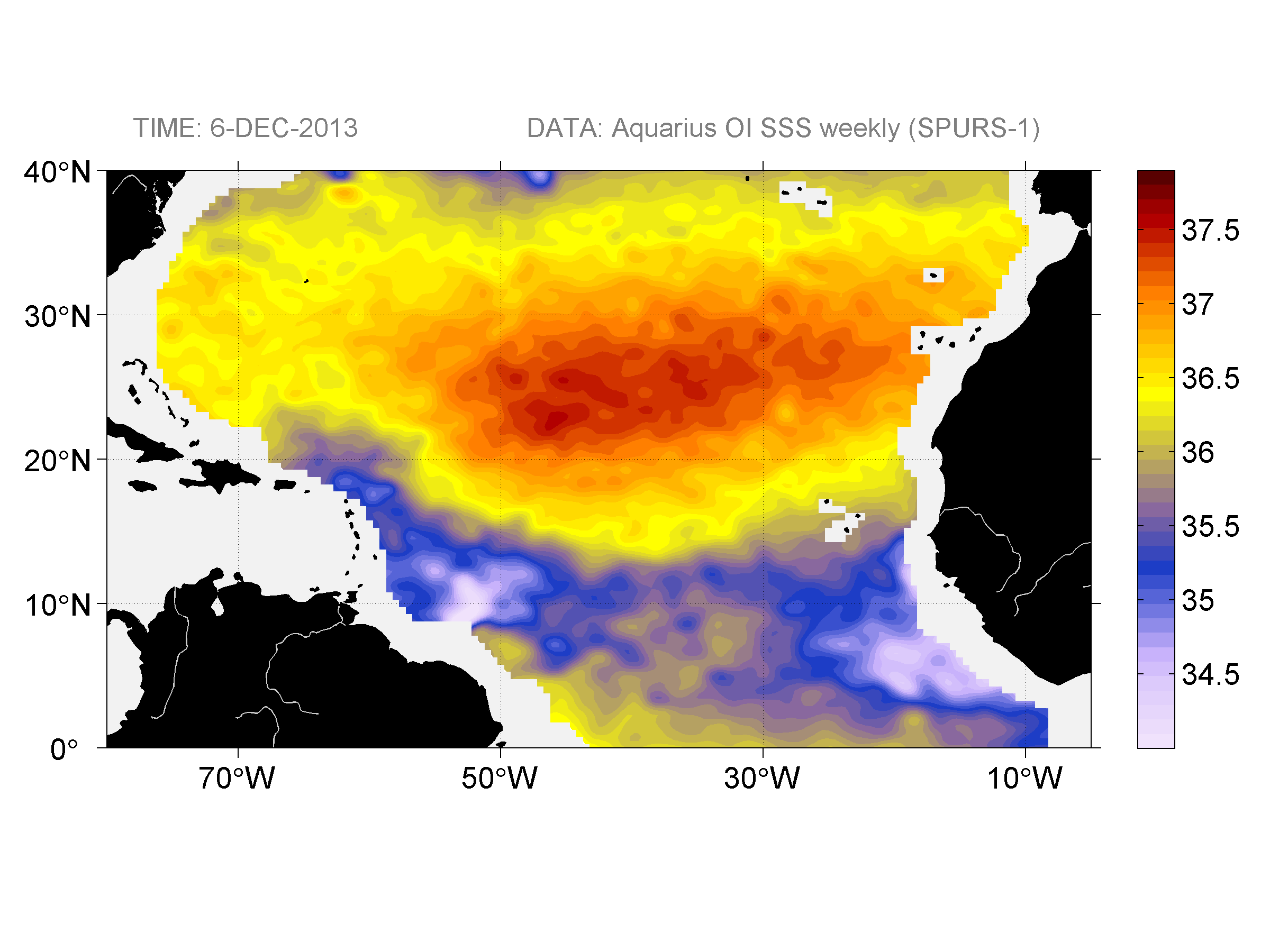 Weekly gridded map of sea surface salinity, week ofDecember 6, 2013.