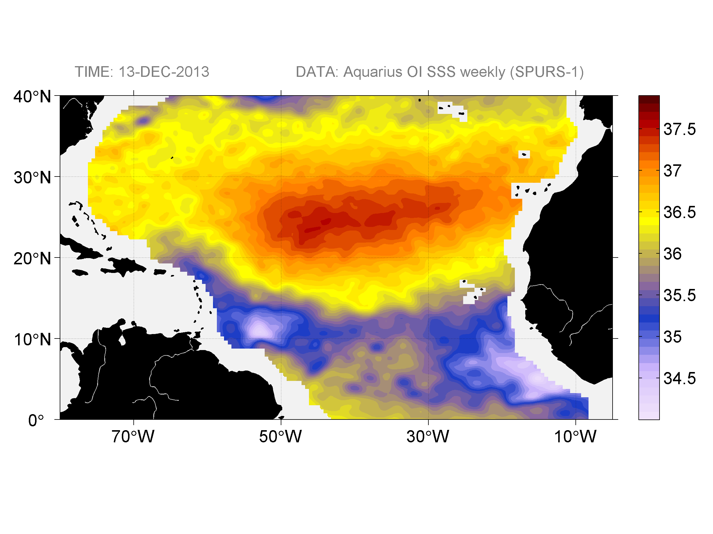 Weekly gridded map of sea surface salinity, week ofDecember 13, 2013.