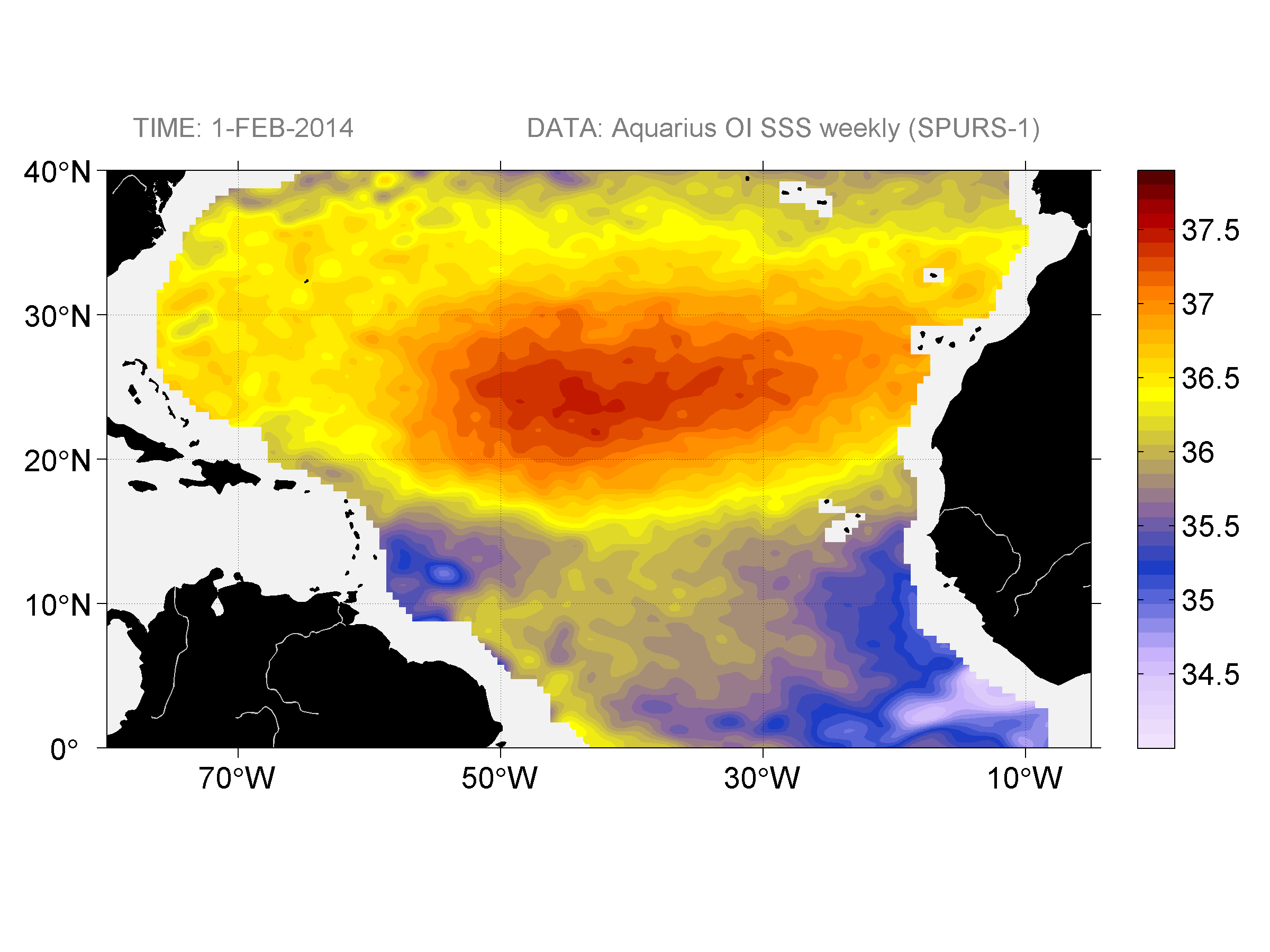 Weekly gridded map of sea surface salinity, week ofFebruary 1, 2014.