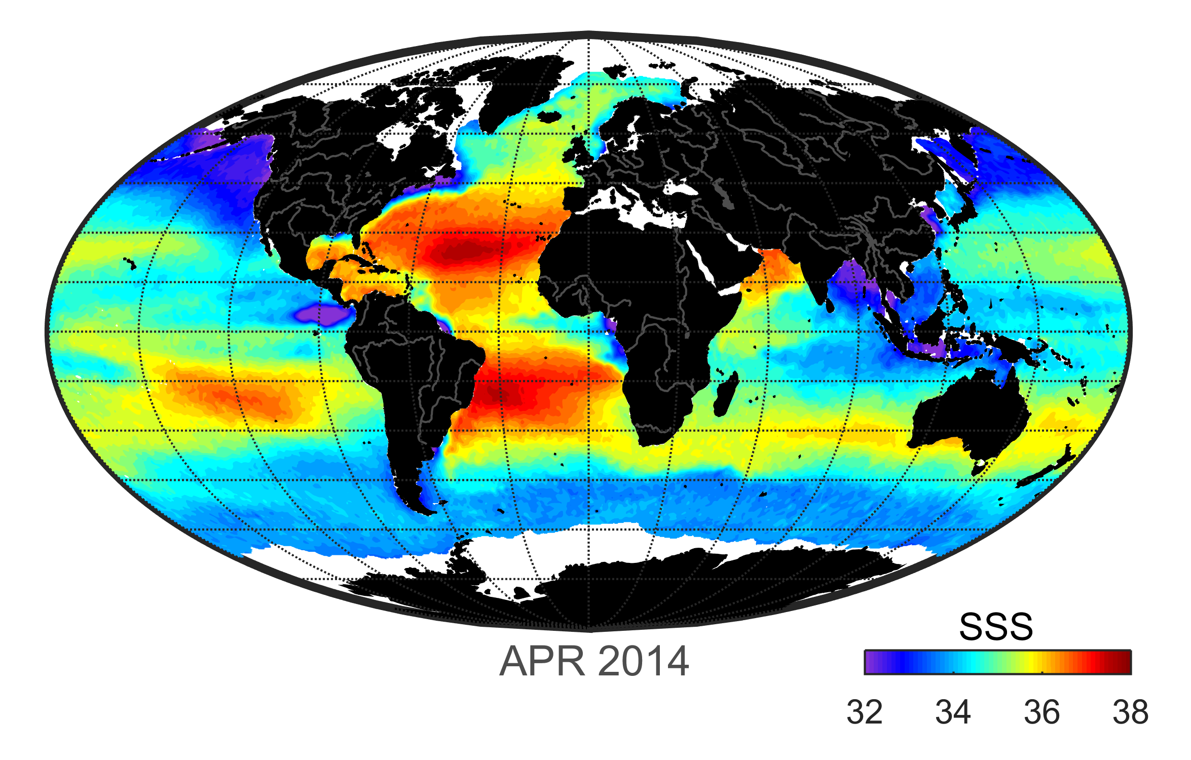 Global map of monthly sea surface salinity, April 2014.