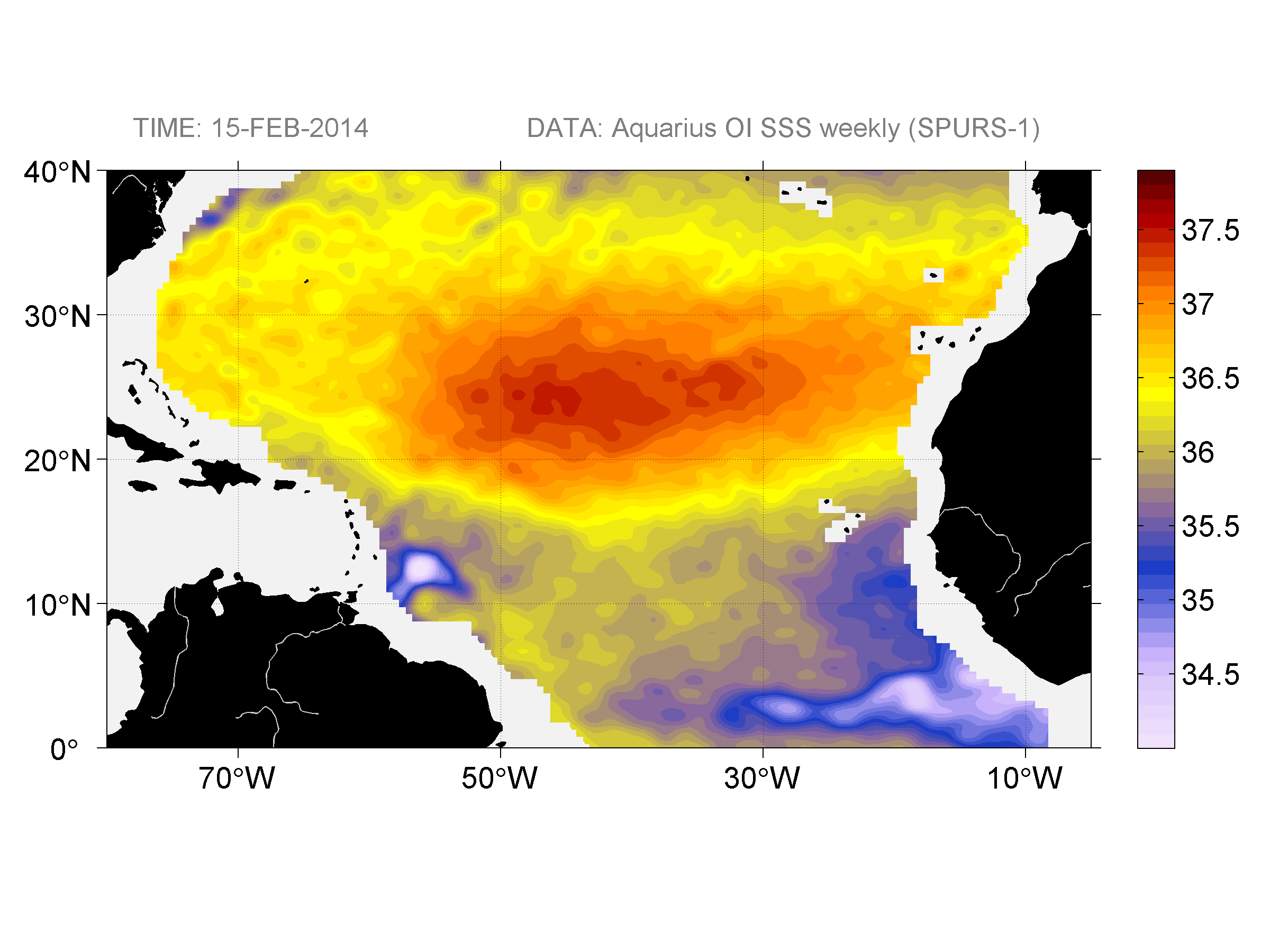 Weekly gridded map of sea surface salinity, week ofFebruary 15, 2014.