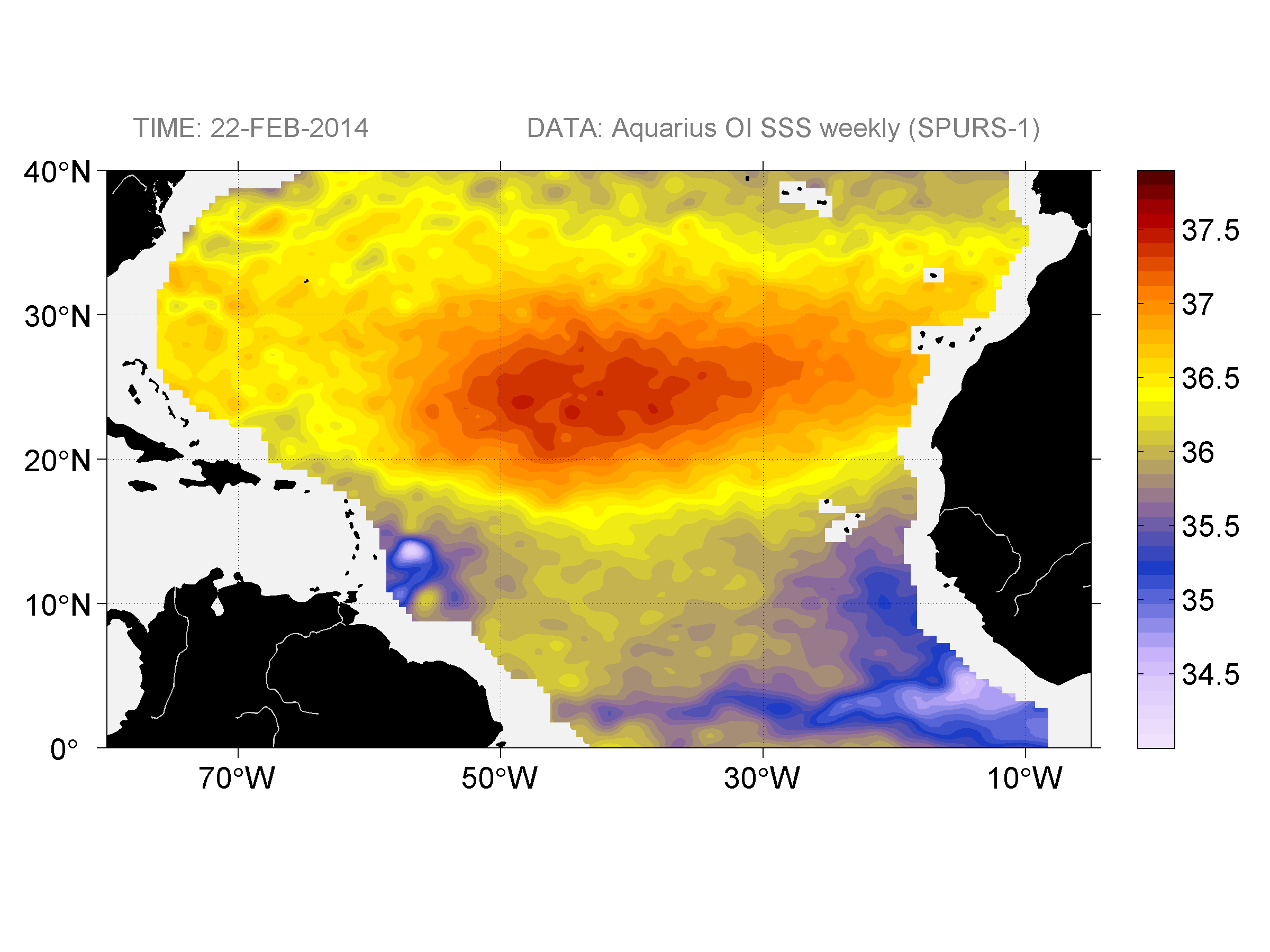 Weekly gridded map of sea surface salinity, week ofFebruary 22, 2014.