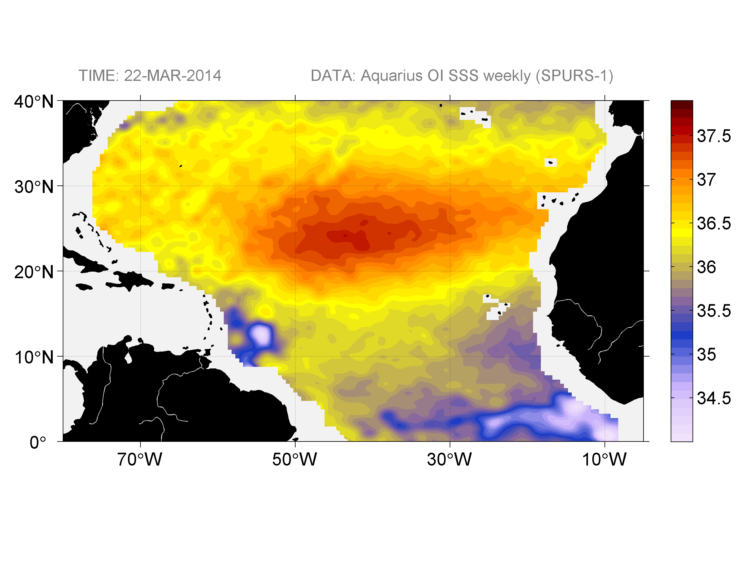 Weekly gridded map of sea surface salinity, week ofMarch 22, 2014.
