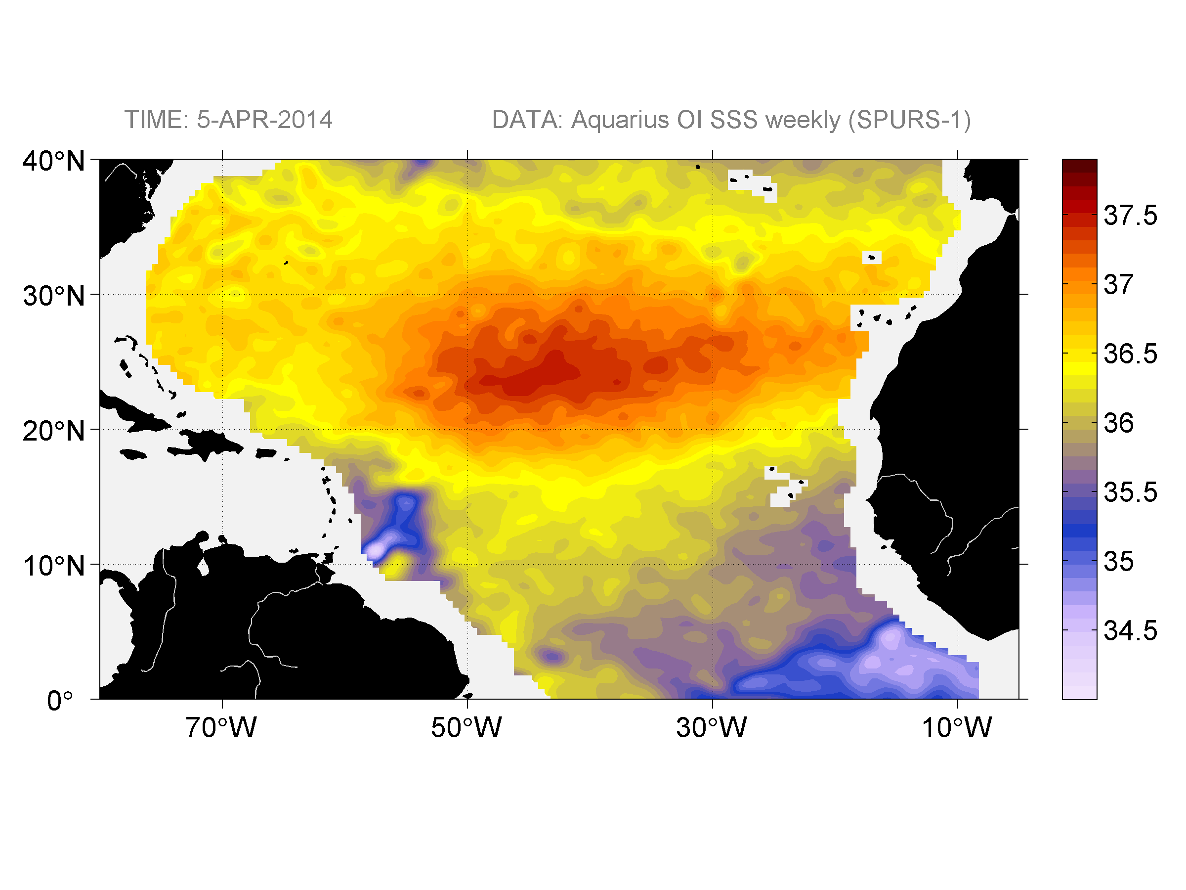 Weekly gridded map of sea surface salinity, week ofApril 5, 2014.