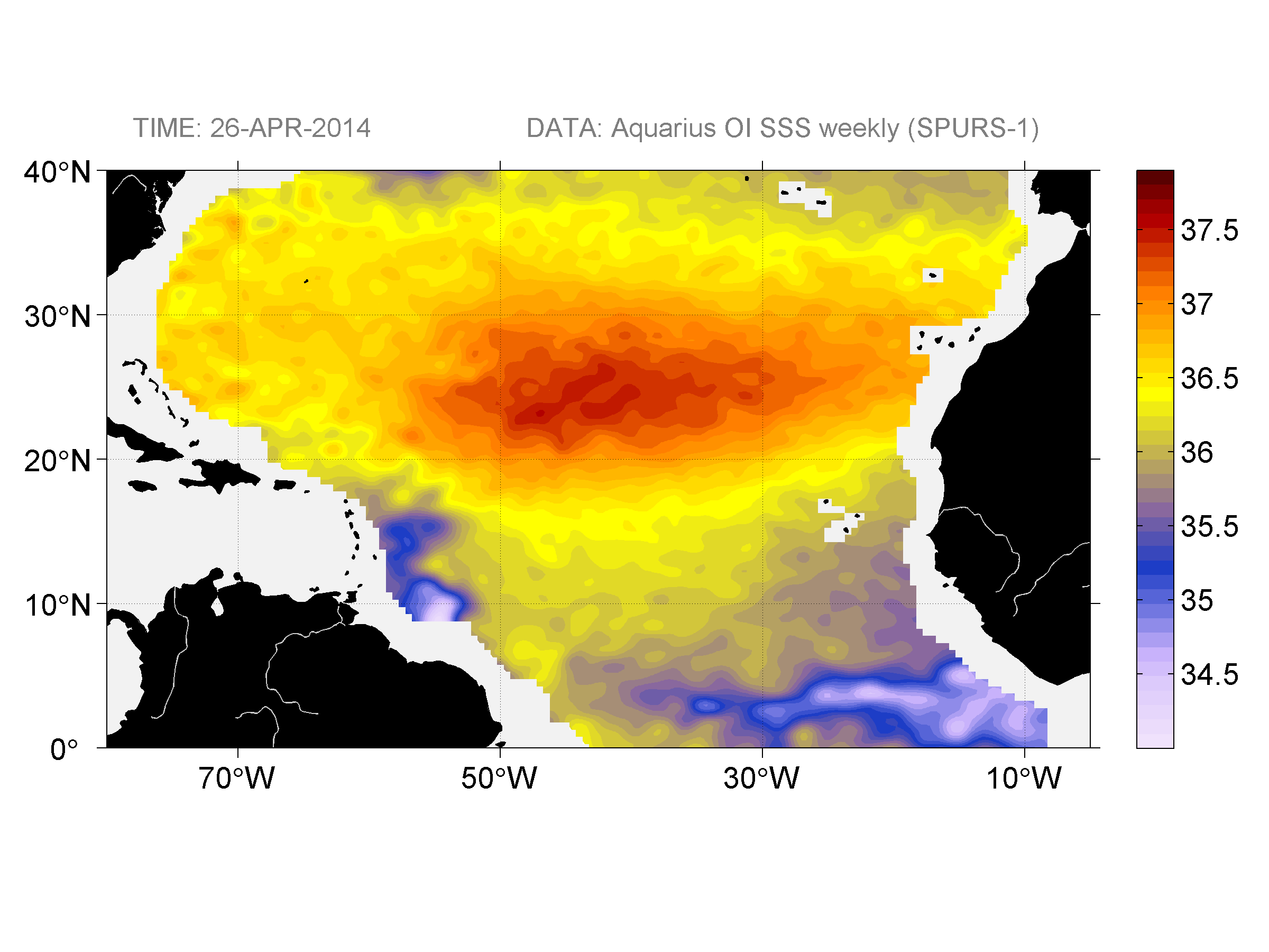 Weekly gridded map of sea surface salinity, week ofApril 26, 2014.