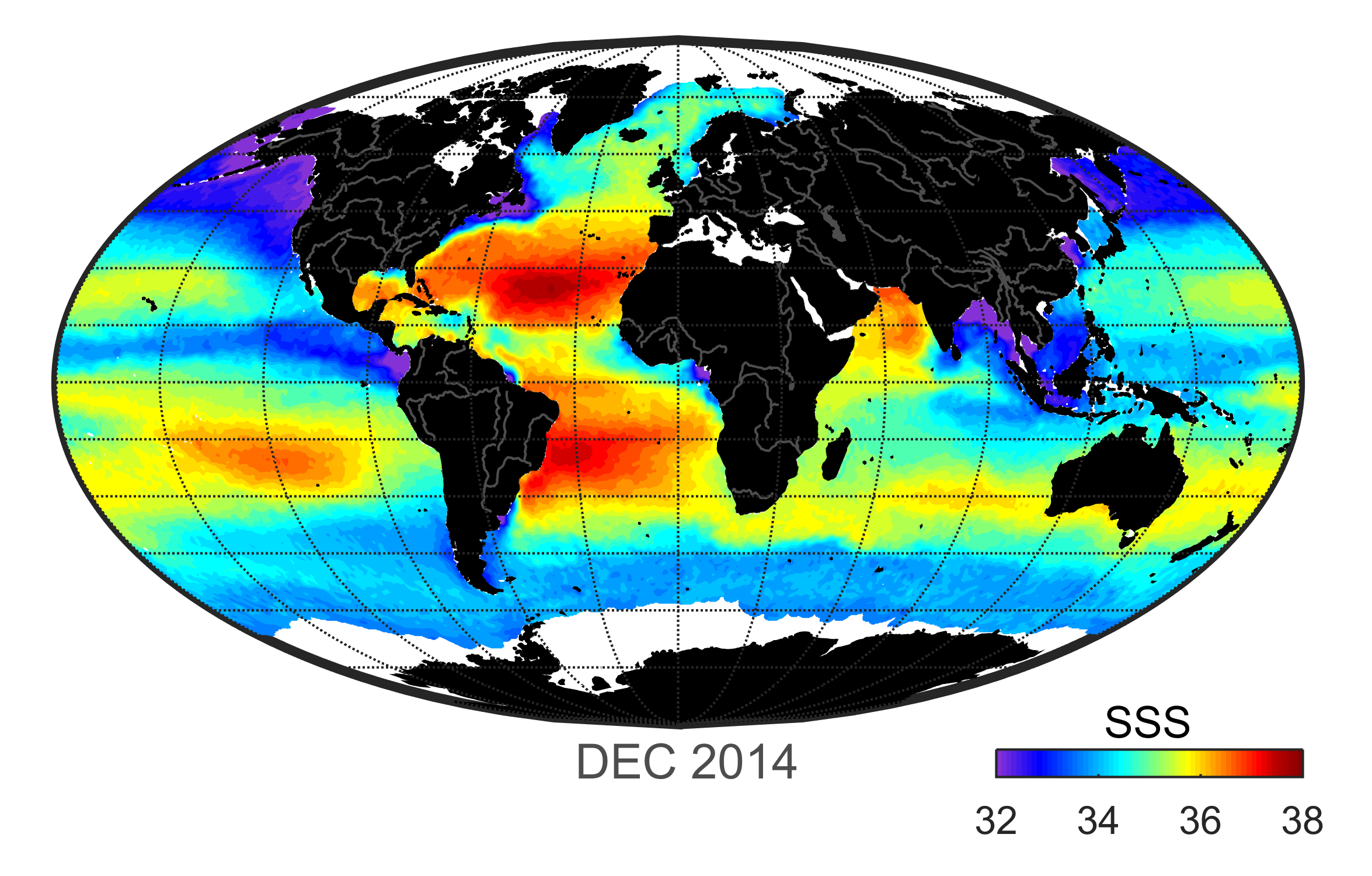 Global map of monthly sea surface salinity data, December 2014