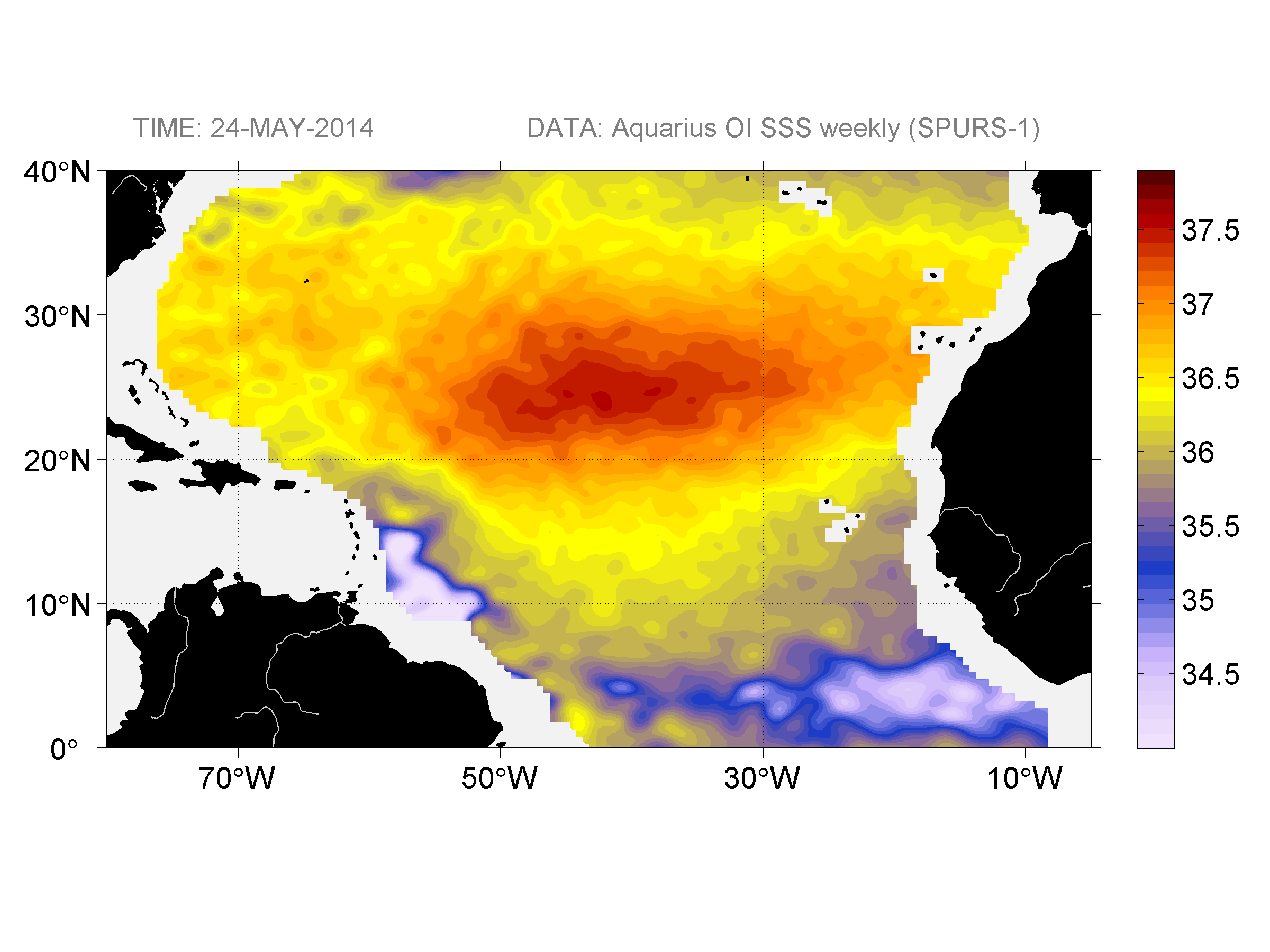 Weekly gridded map of sea surface salinity, week ofMay 24, 2014.