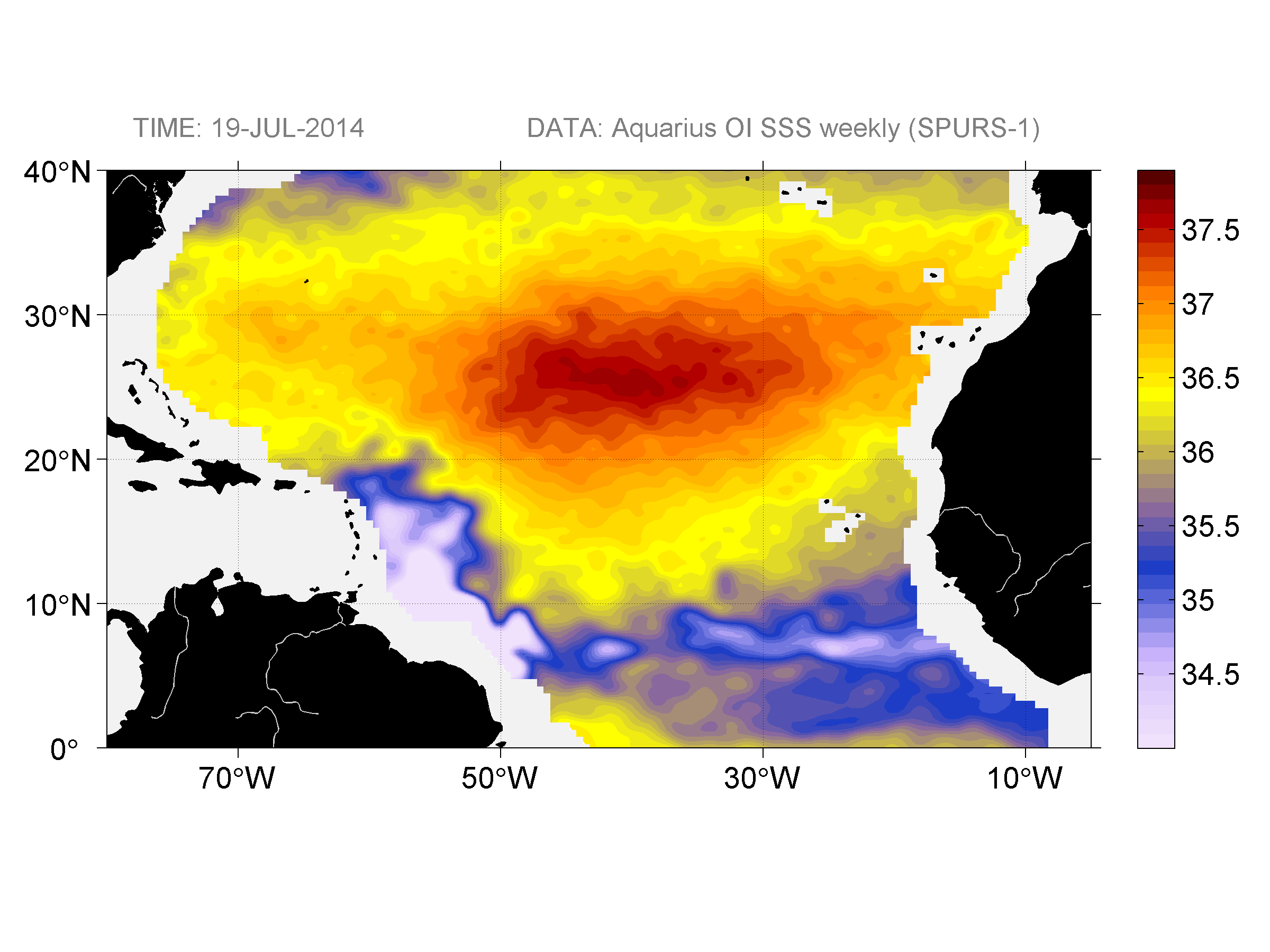 Weekly gridded map of sea surface salinity, week ofJuly 19, 2014.