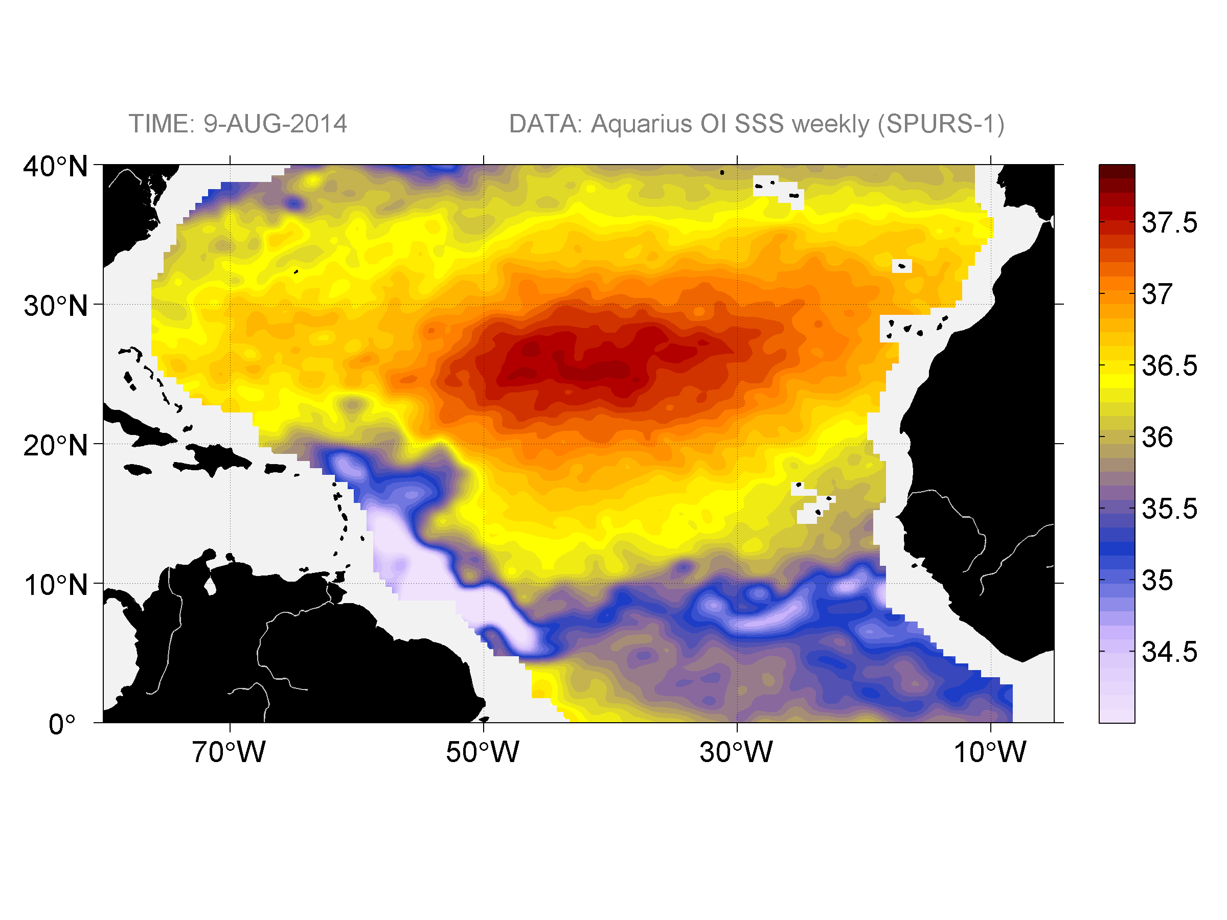 Weekly gridded map of sea surface salinity, week ofAugust 9, 2014.
