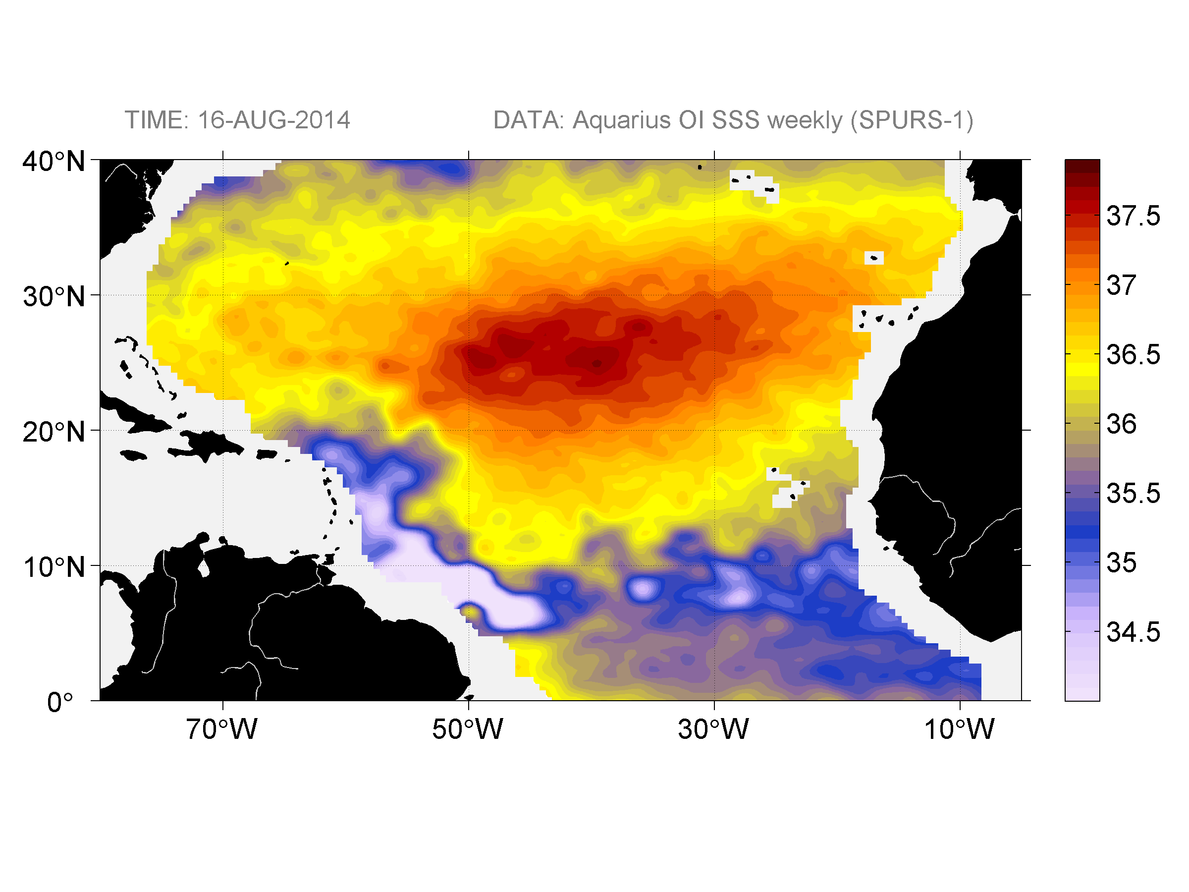 Weekly gridded map of sea surface salinity, week ofAugust 16, 2014.