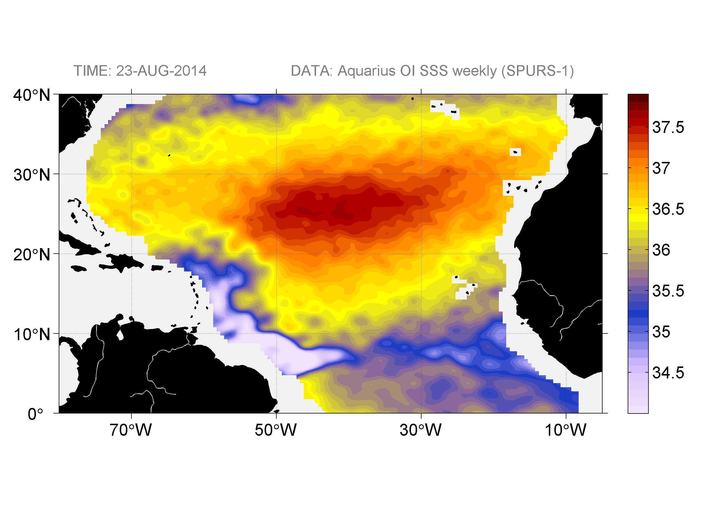 Weekly gridded map of sea surface salinity, week ofAugust 23, 2014.