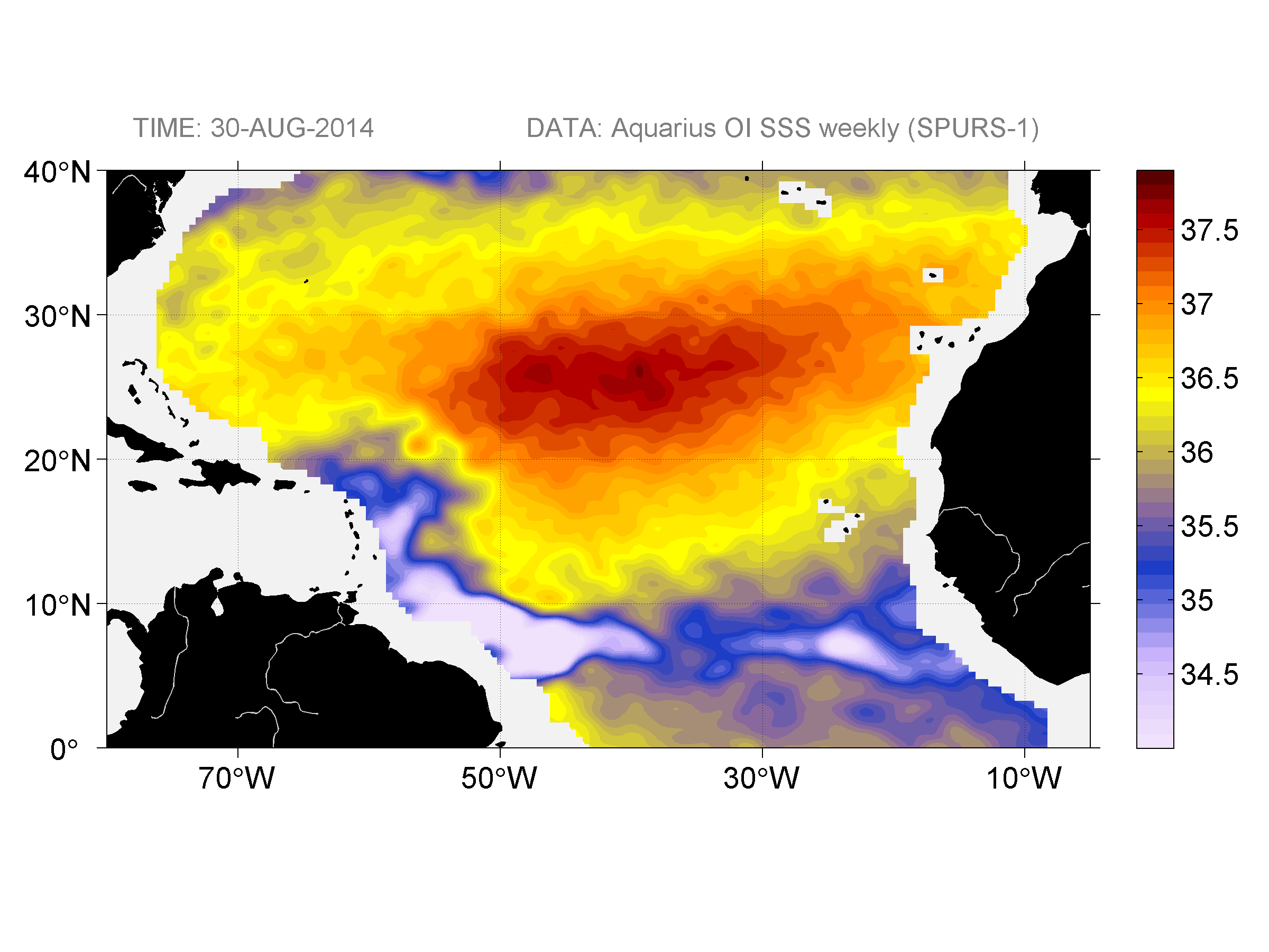 Weekly gridded map of sea surface salinity, week ofAugust 30, 2014.