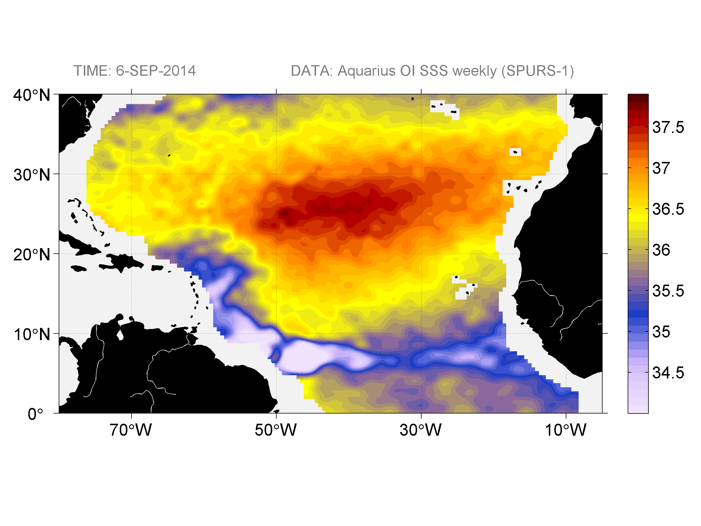 Weekly gridded map of sea surface salinity, week ofSeptember 6, 2014.