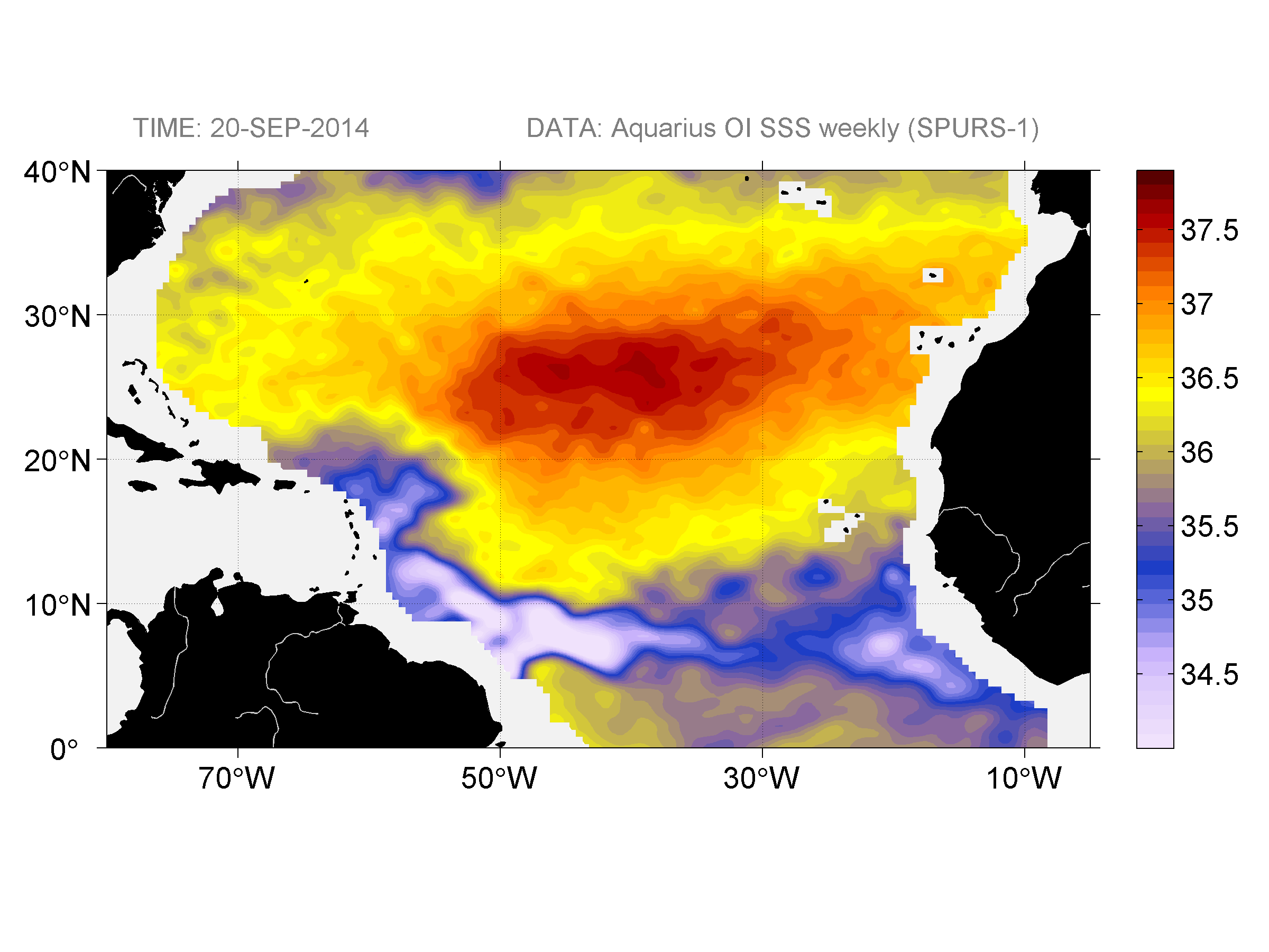 Weekly gridded map of sea surface salinity, week ofSeptember 20, 2014.
