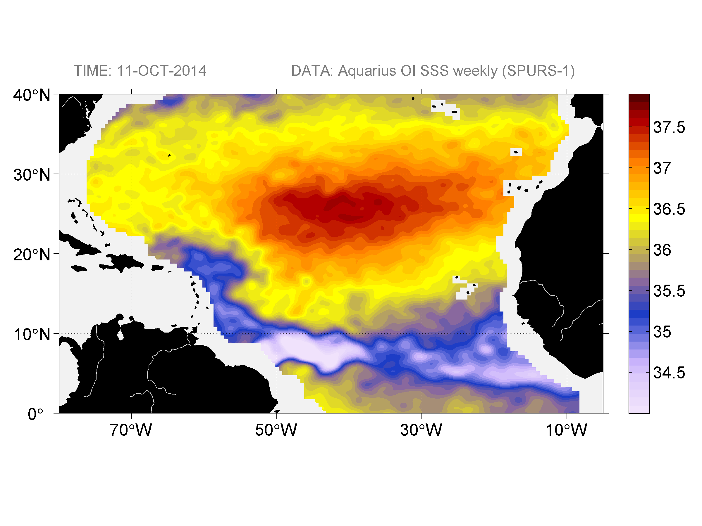 Weekly gridded map of sea surface salinity, week ofOctober 11, 2014.