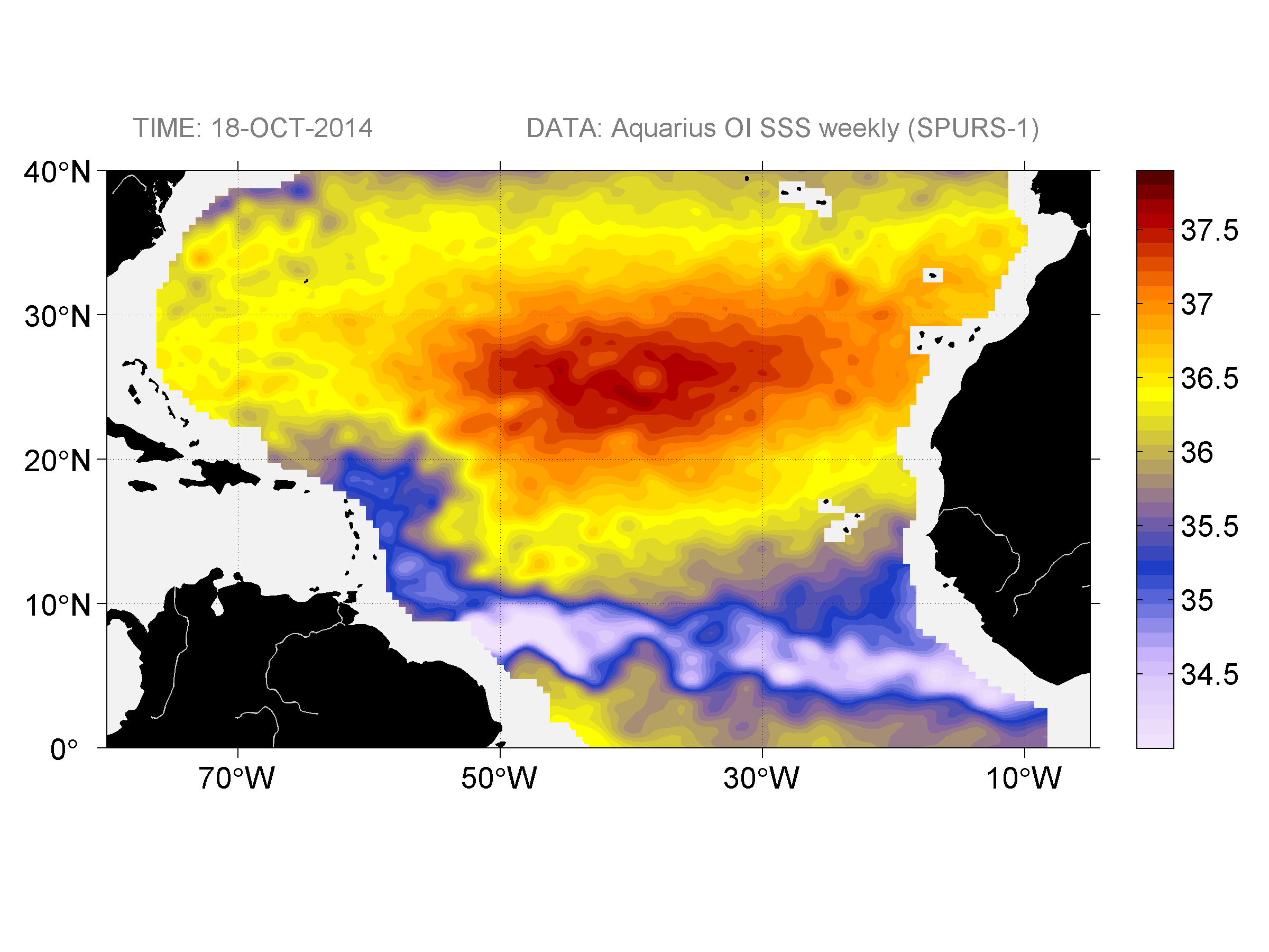 Weekly gridded map of sea surface salinity, week ofOctober 18, 2014.