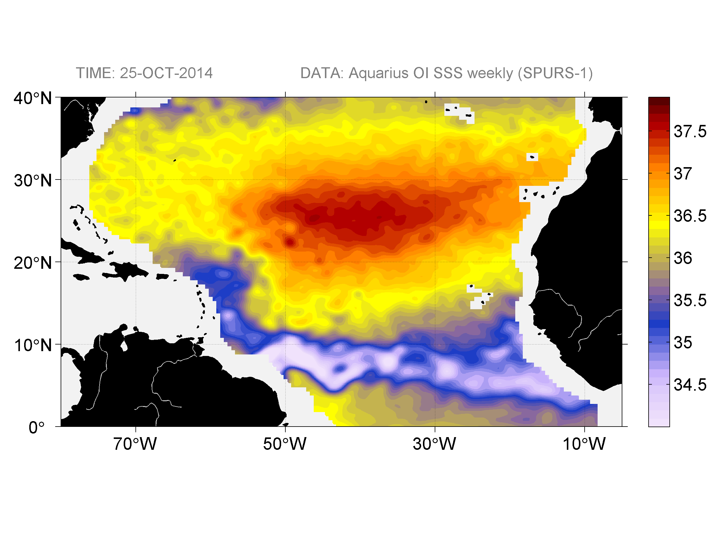 Weekly gridded map of sea surface salinity, week ofOctober 25, 2014.
