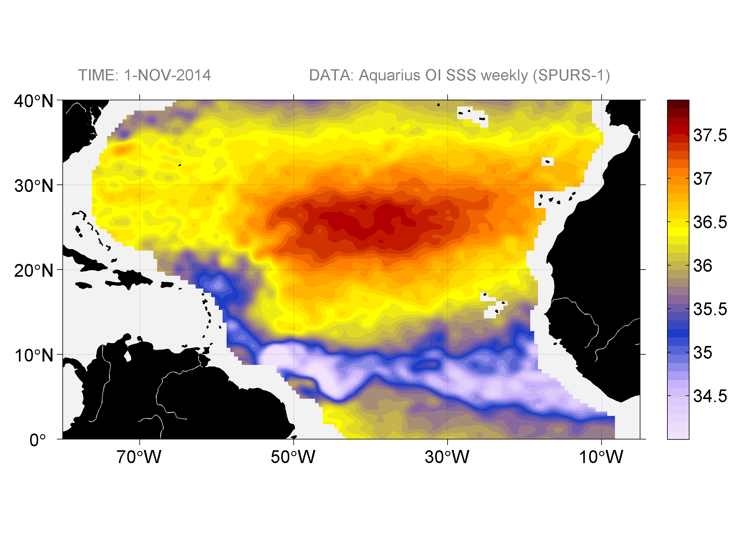 Weekly gridded map of sea surface salinity, week ofNovember 1, 2014.