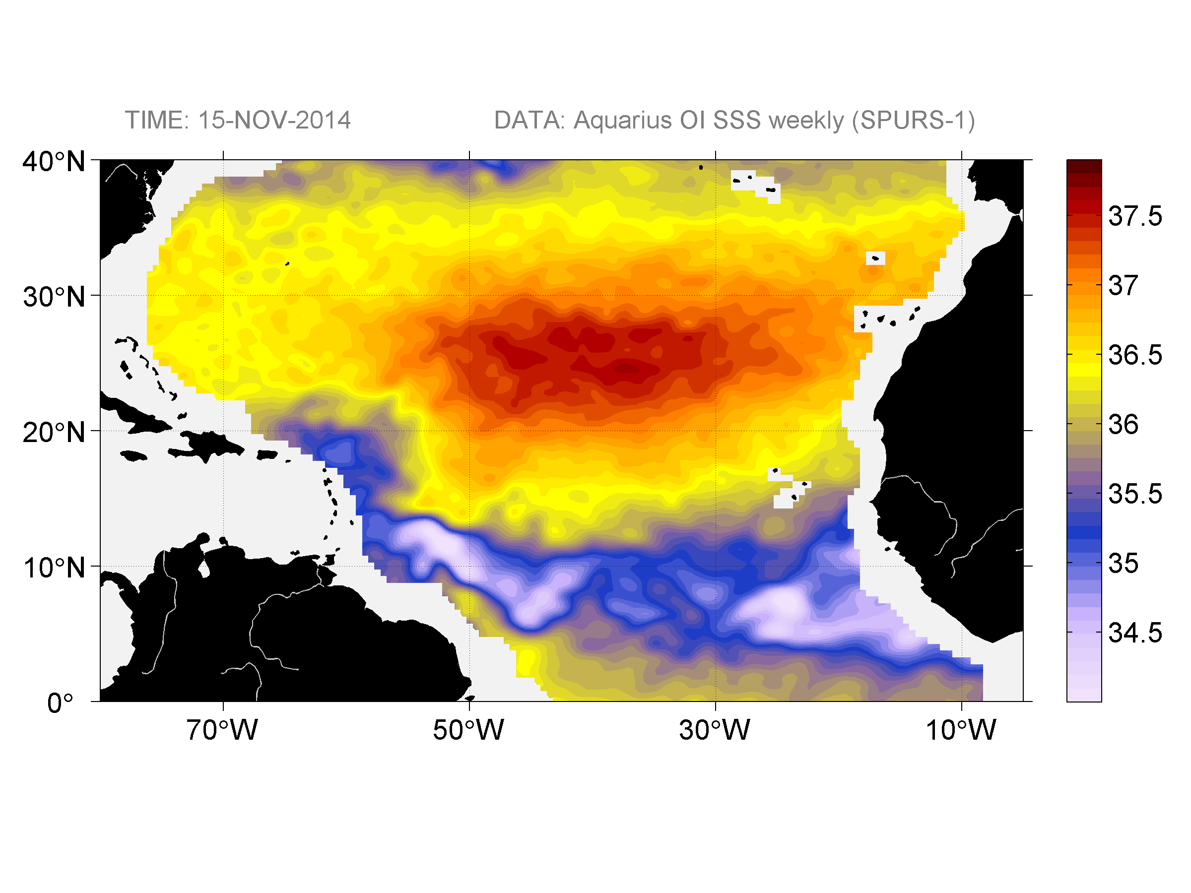 Weekly gridded map of sea surface salinity, week ofNovember 15, 2014.
