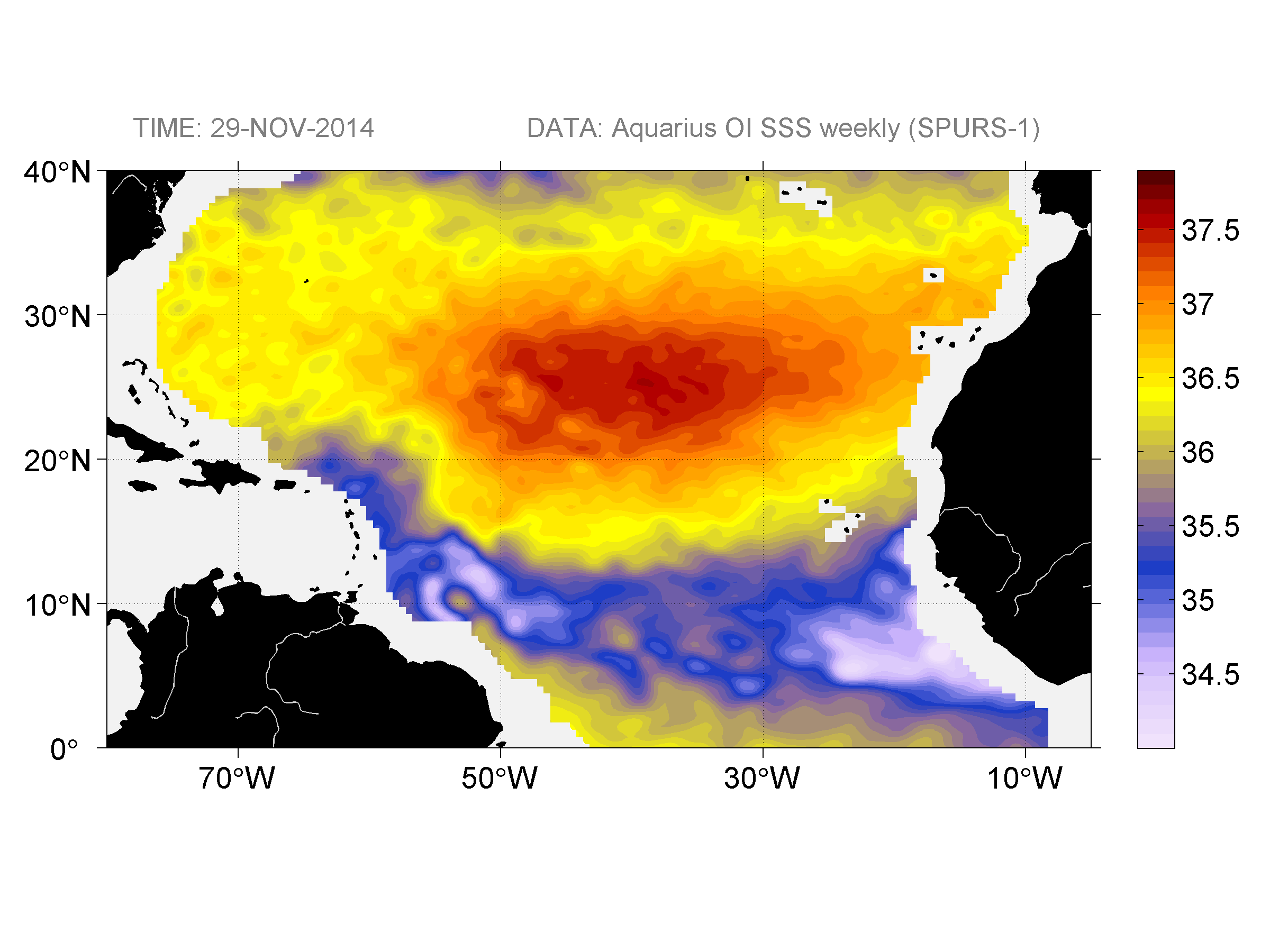 Weekly gridded map of sea surface salinity, week ofNovember 29, 2014.