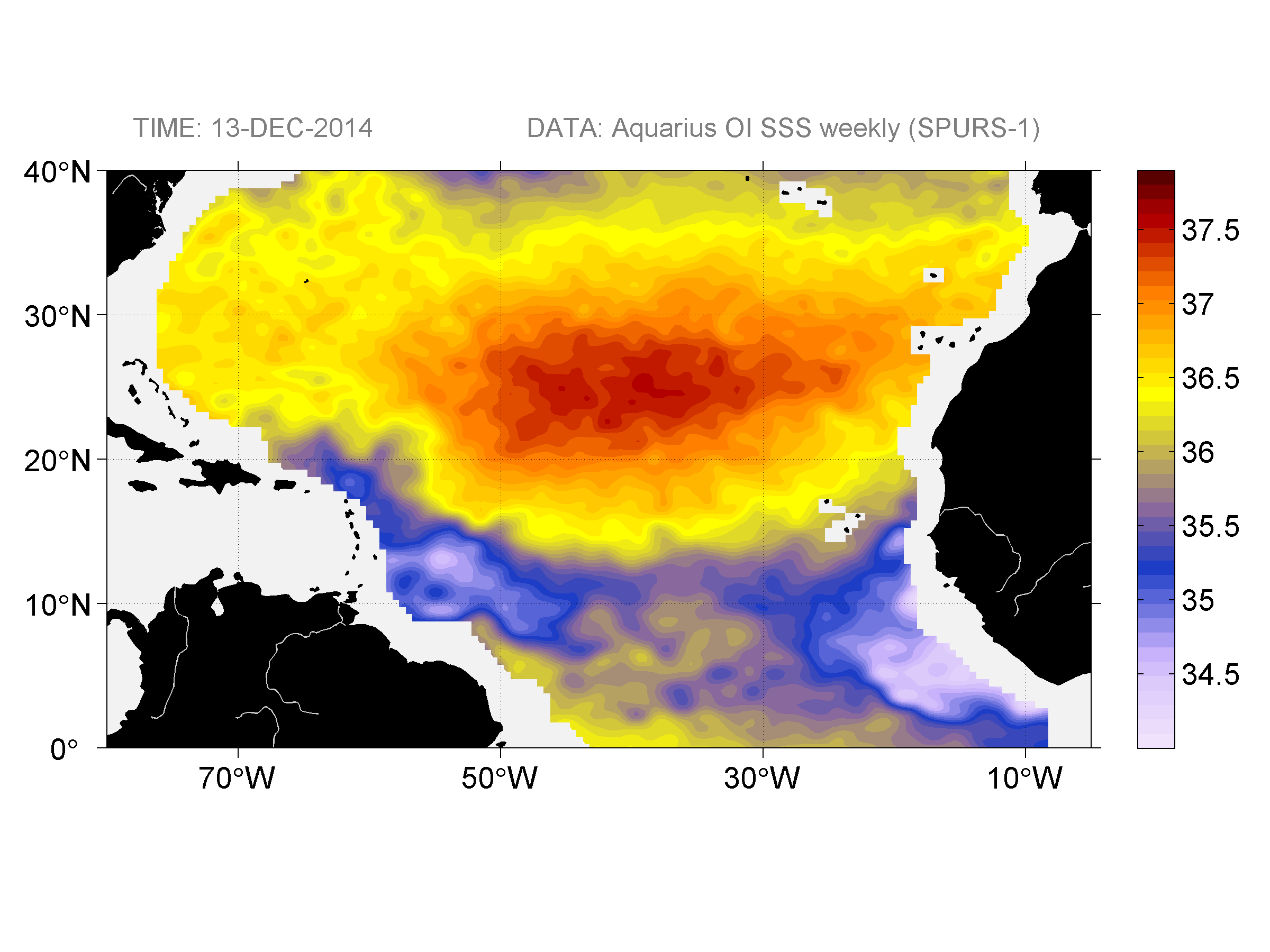 Weekly gridded map of sea surface salinity, week ofDecember 13, 2014.