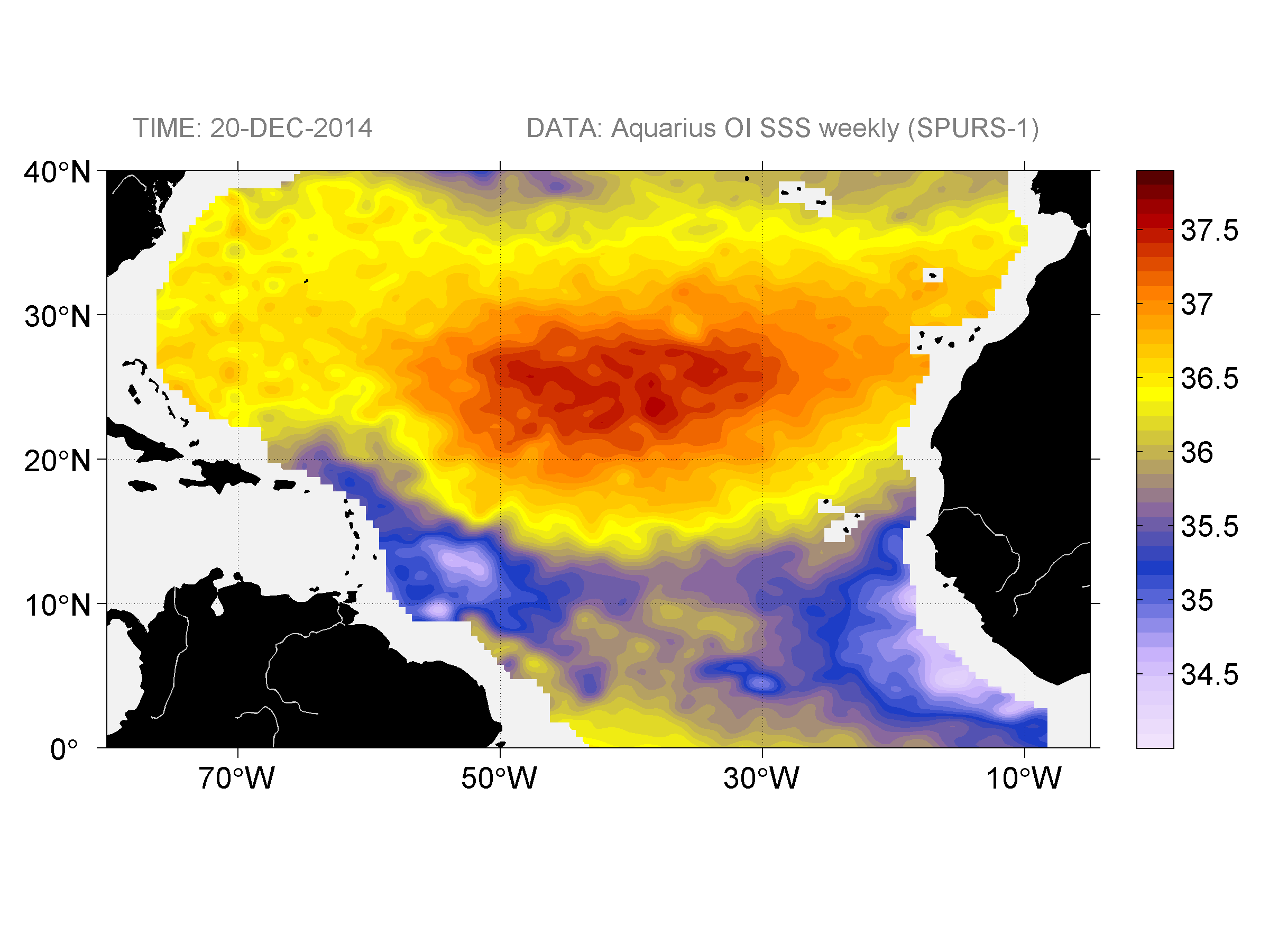 Weekly gridded map of sea surface salinity, week ofDecember 20, 2014.