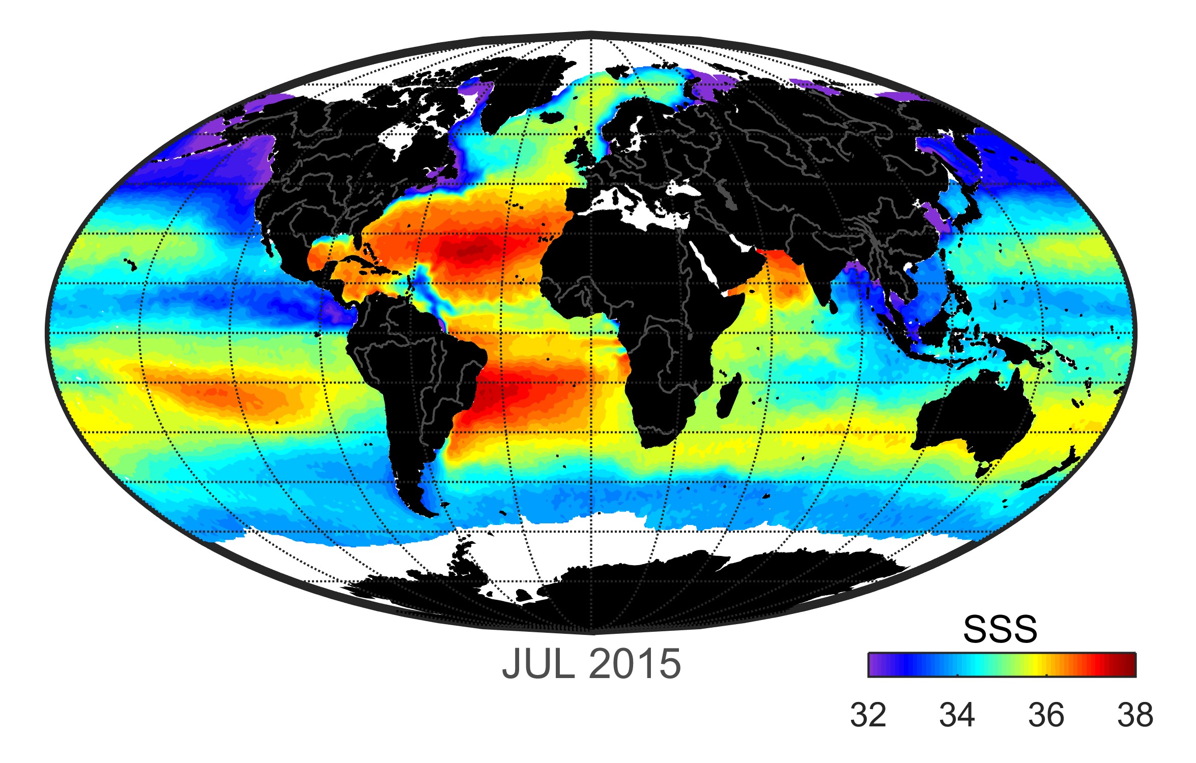 Global map of monthly sea surface salinity data, July 2015