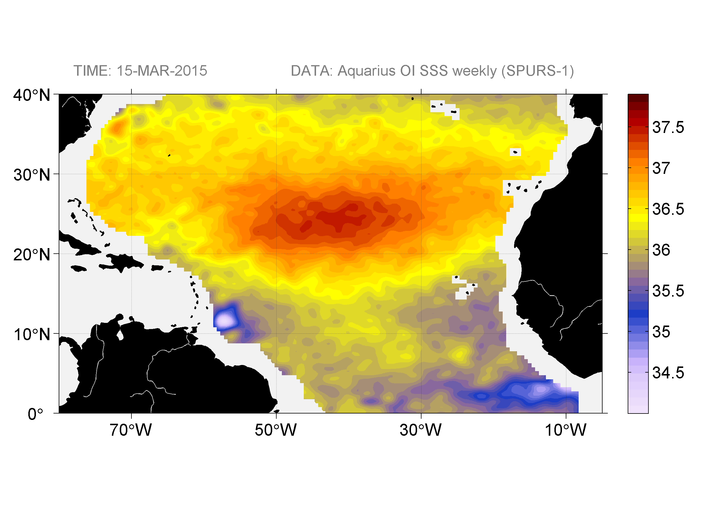Sea surface salinity, March 15, 2015