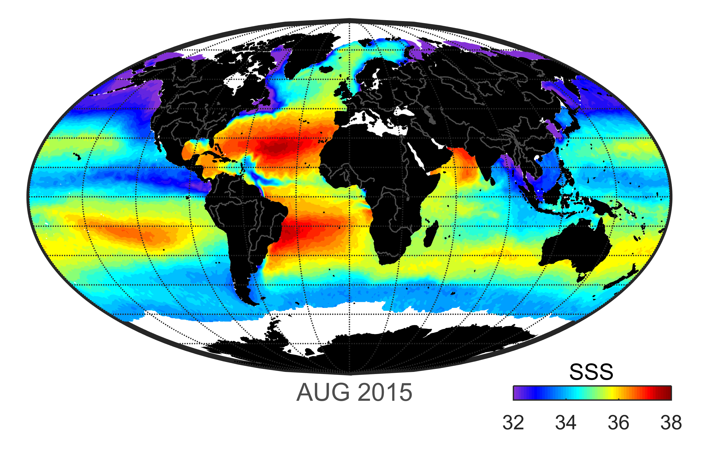 Global map of monthly sea surface salinity, August 2015.