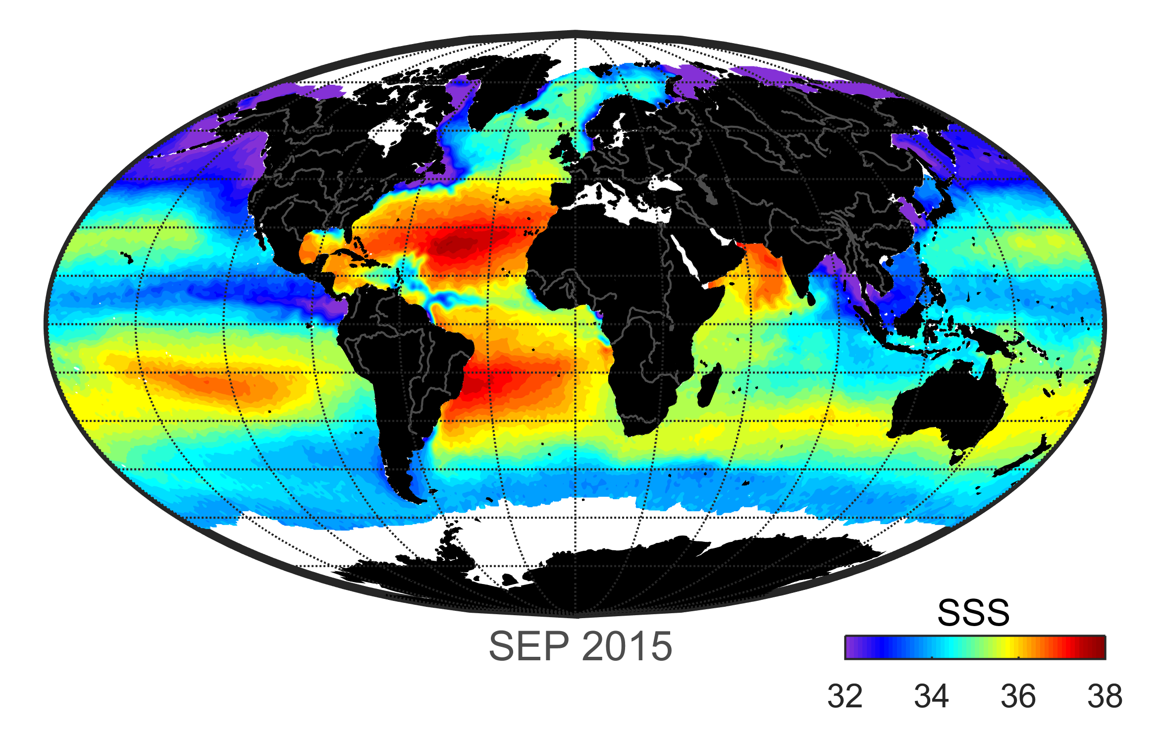 Global map of monthly sea surface salinity, September 2015.
