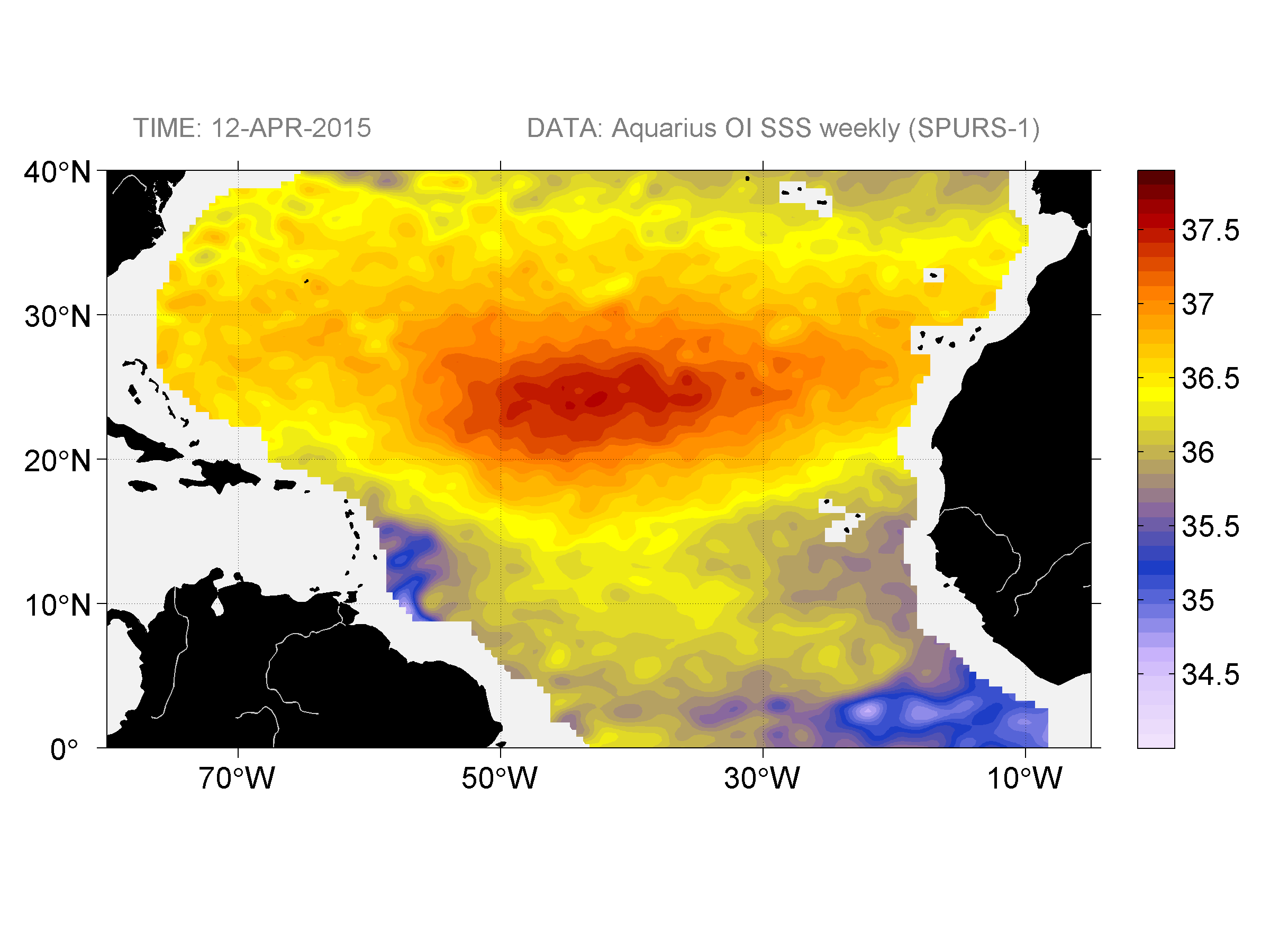 Sea surface salinity, April 12, 2015