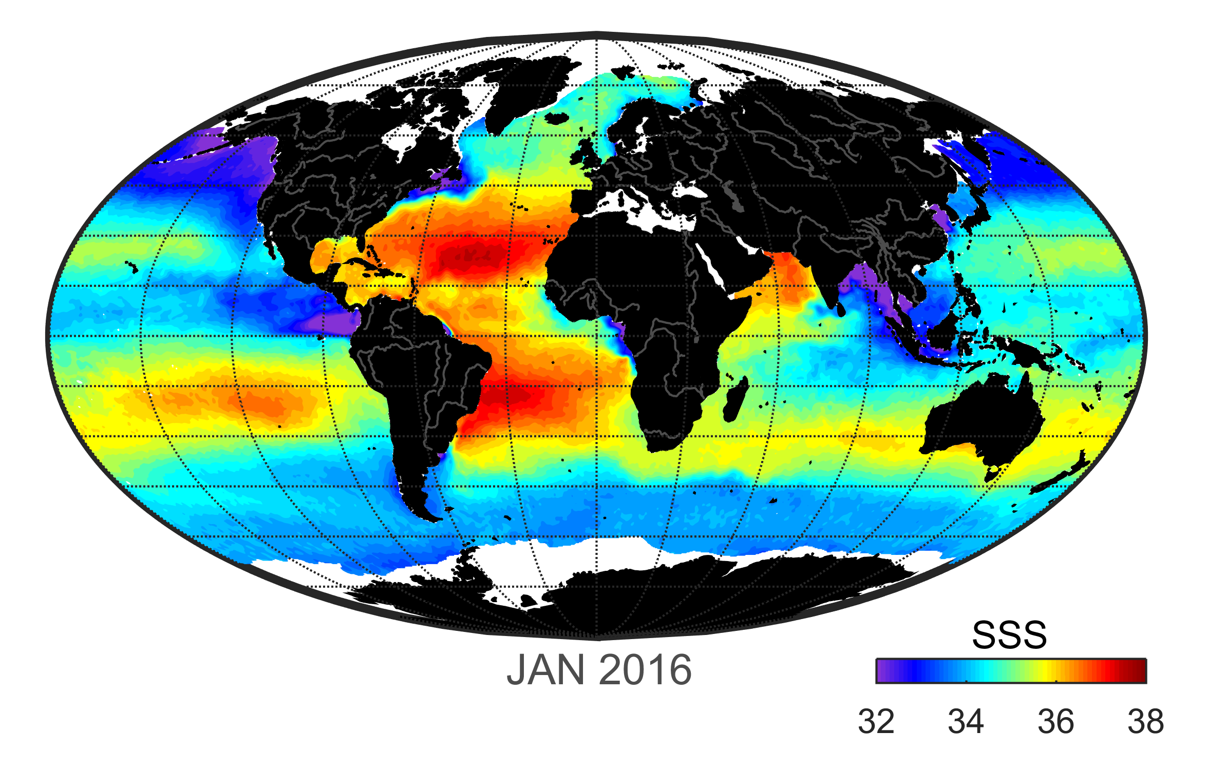 Global map of monthly sea surface salinity, January 2016.