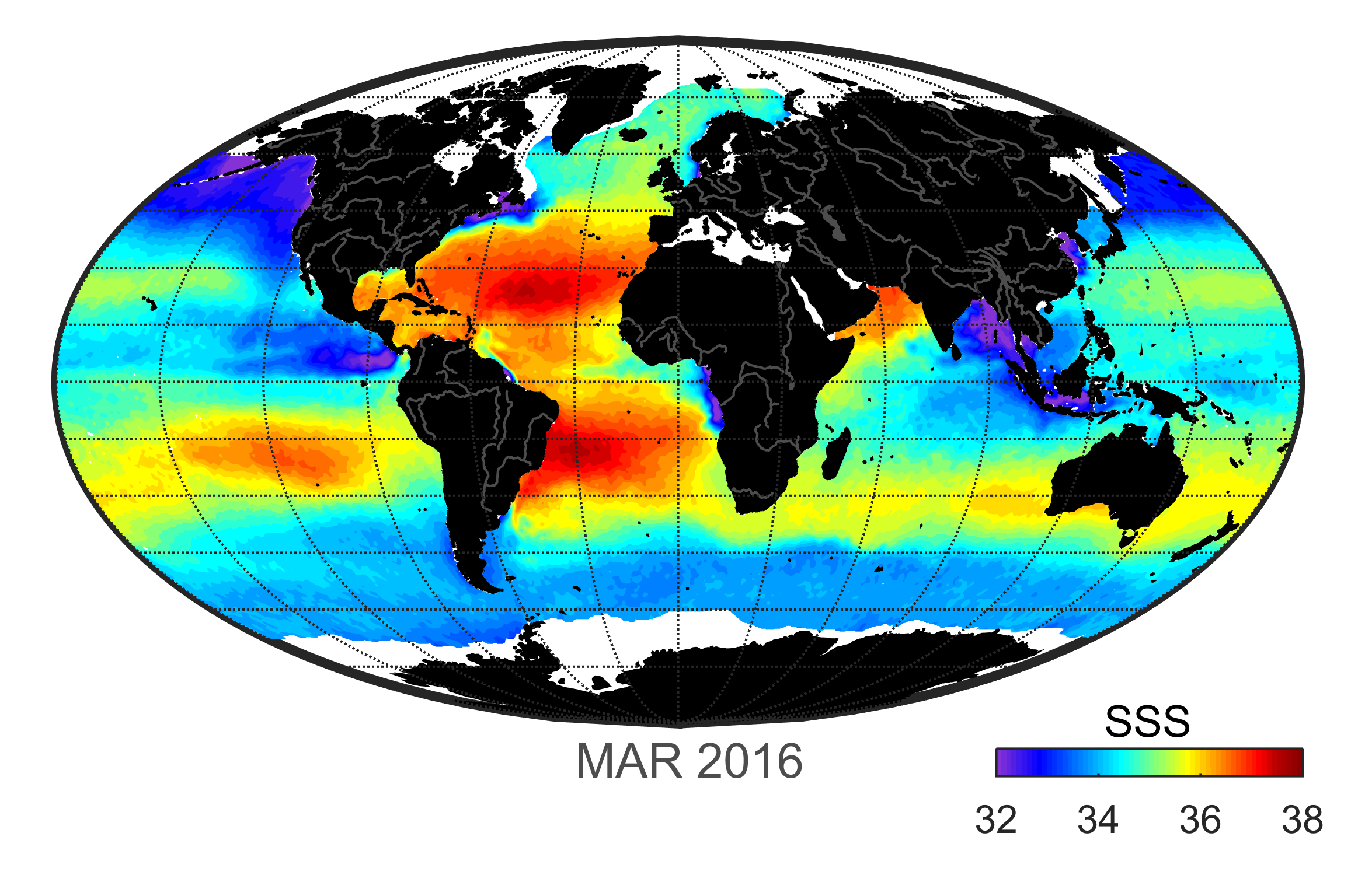Global map of monthly sea surface salinity data, March 2016