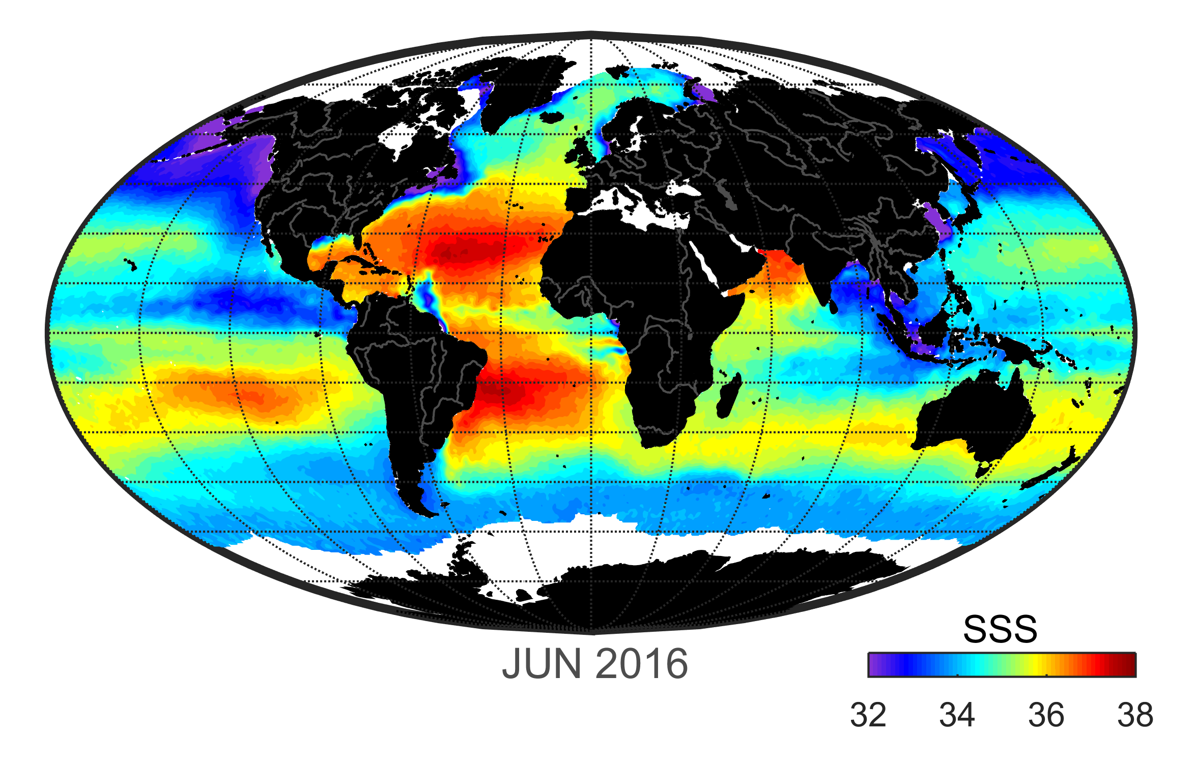 Global map of monthly sea surface salinity data, June 2016
