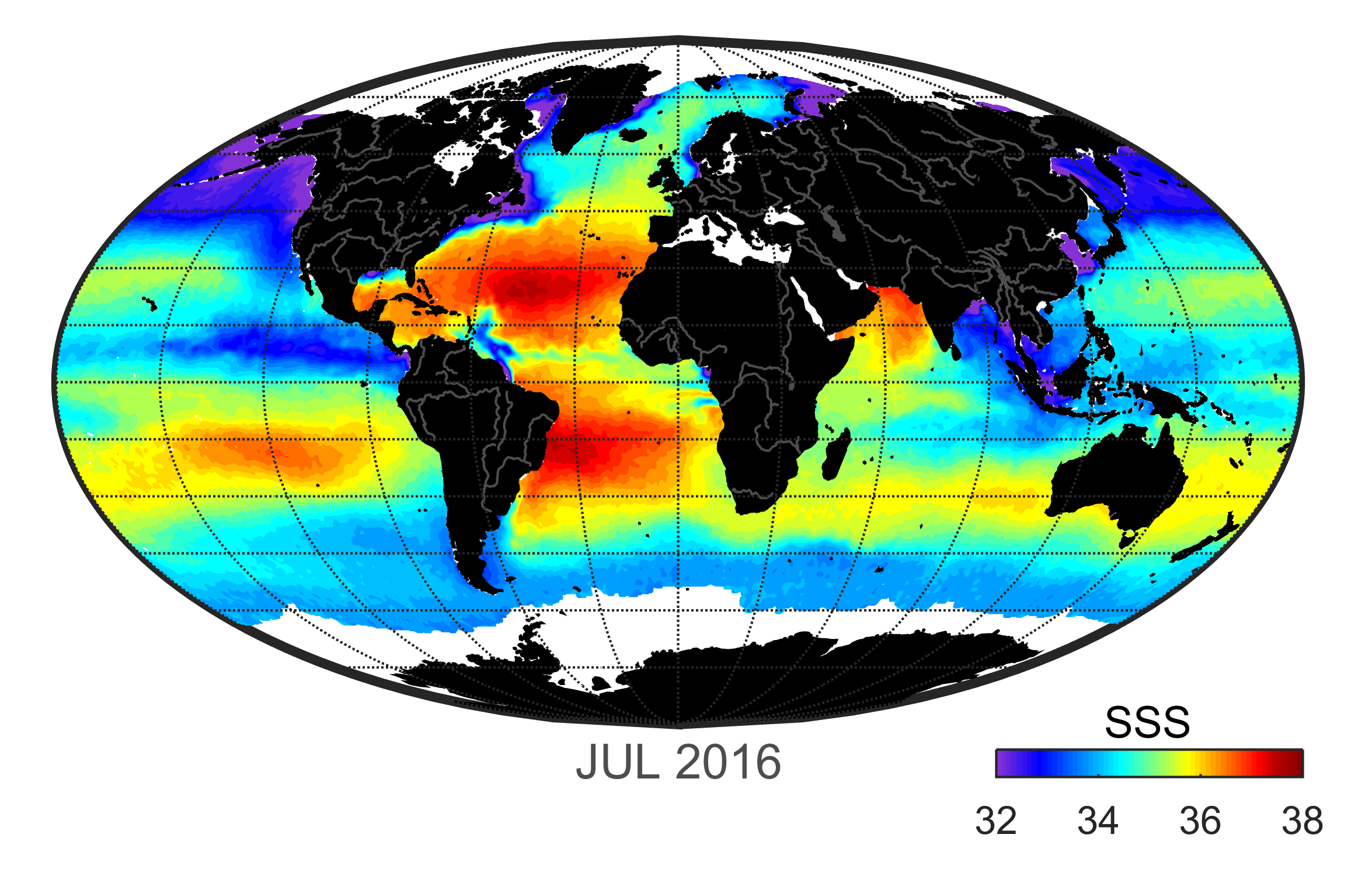 Global map of monthly sea surface salinity data, July 2016