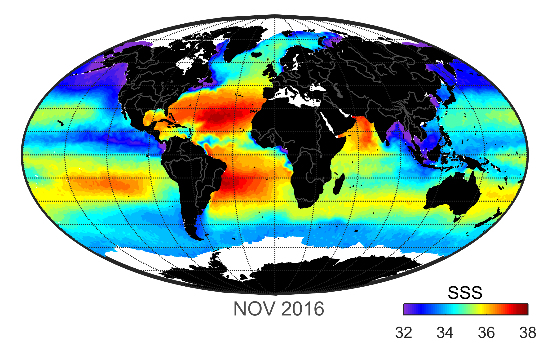 Global map of monthly sea surface salinity data, November 2016