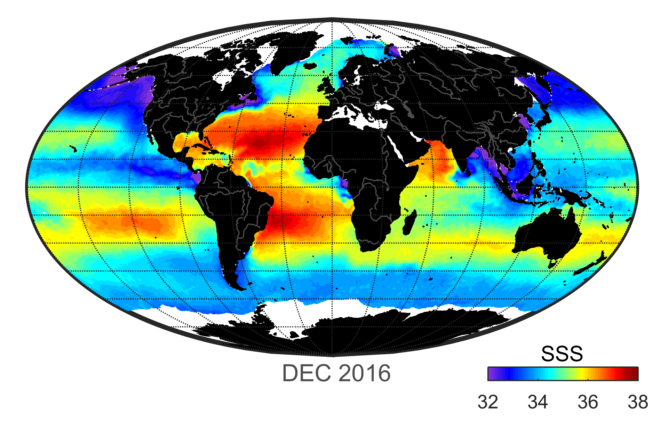 Global map of monthly sea surface salinity, December 2016.