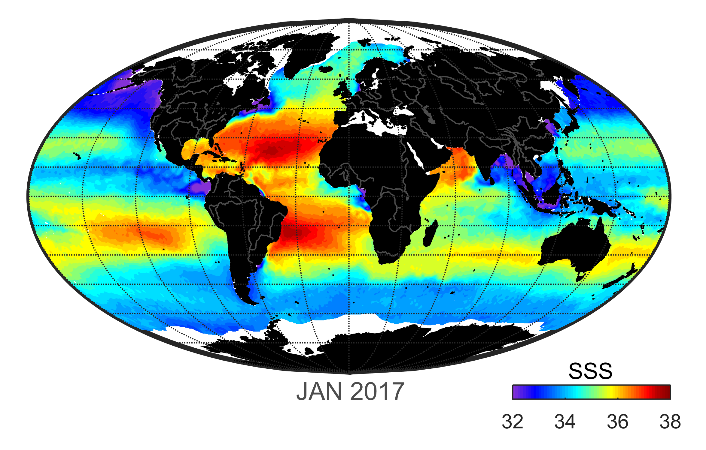 Global map of monthly sea surface salinity, January 2017.