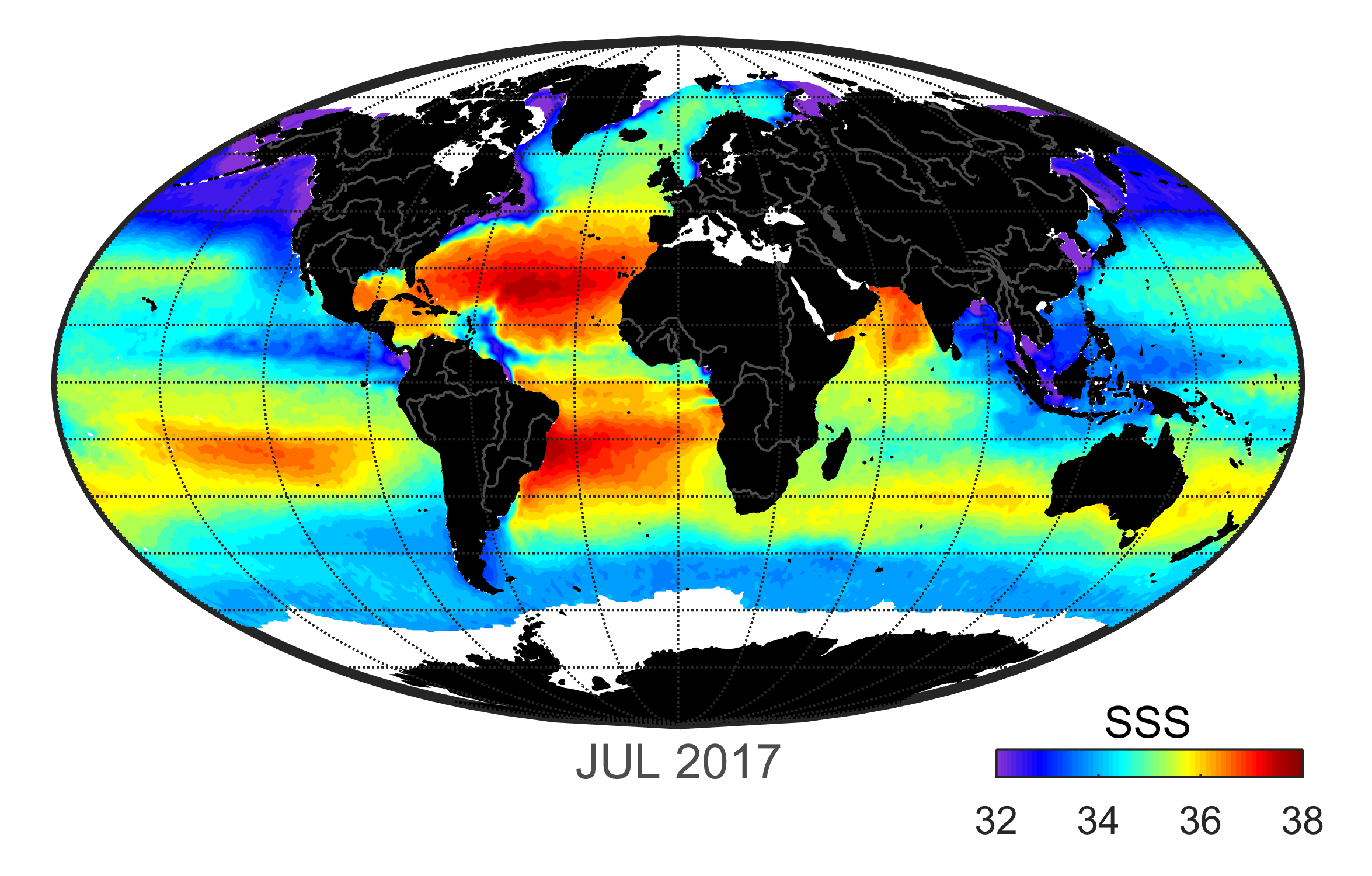 Global map of monthly sea surface salinity data, July 2017