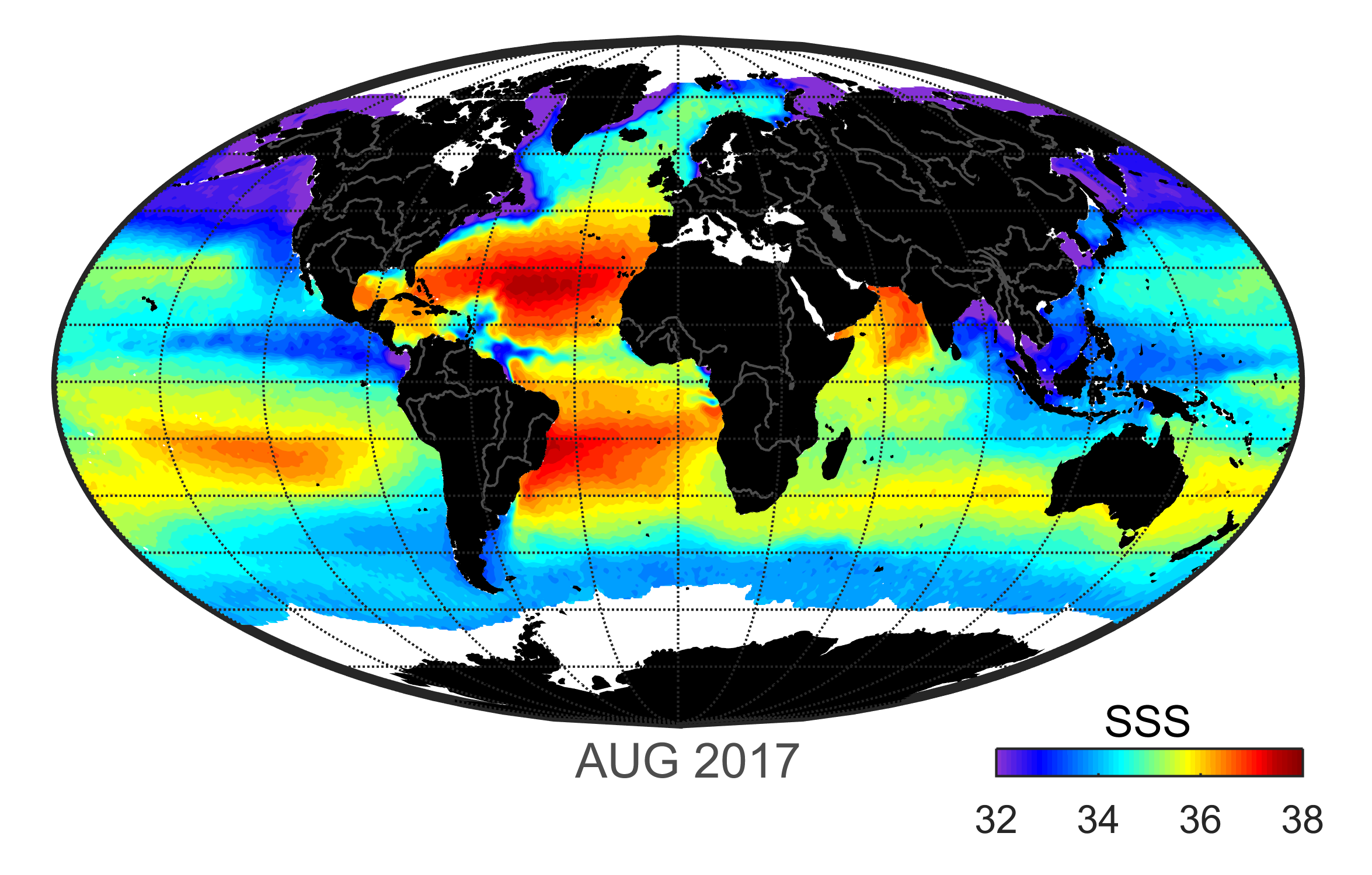 Global map of monthly sea surface salinity, August 2017.