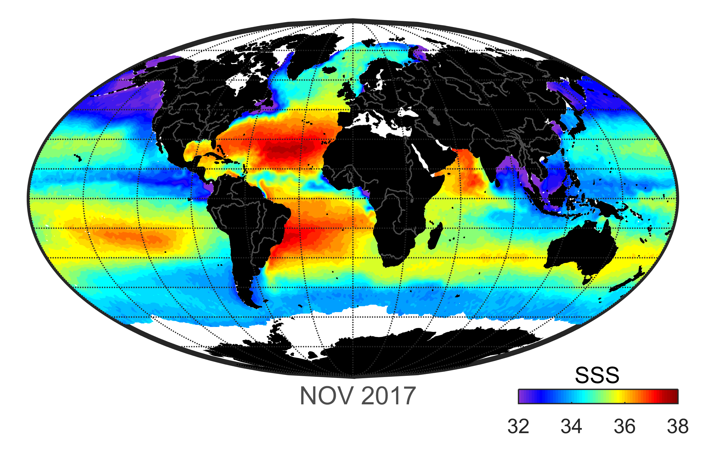 Global map of monthly sea surface salinity, November 2017.