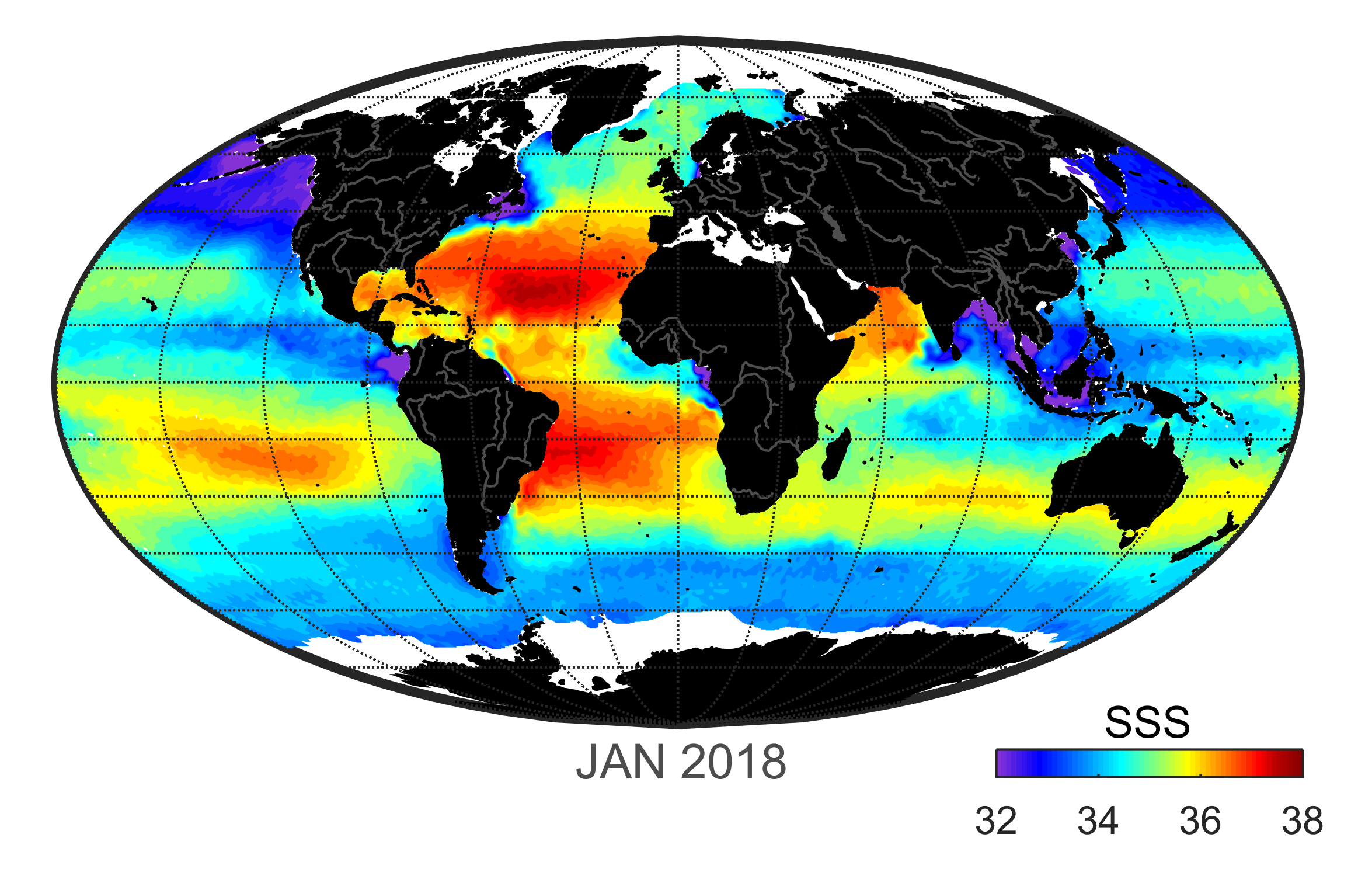 Global map of monthly sea surface salinity, January 2018.